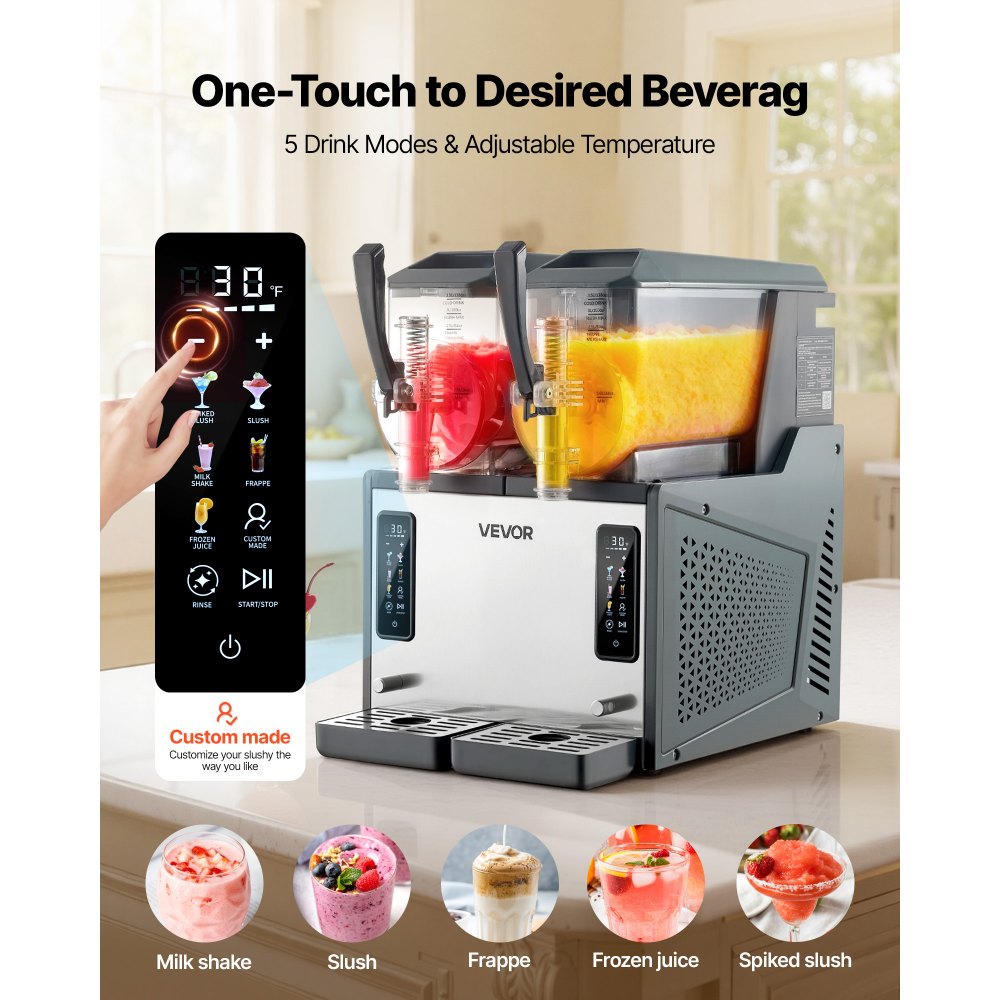 VEVOR Slush Machine 2 x 4 L, Slush Ice Maker 455 W (bez lodu), Elektryczna maszyna do margarity z funkcją samoczyszczenia, Nadaje się do mrożonych margarit, frappé, koktajli mlecznych i shake'ów