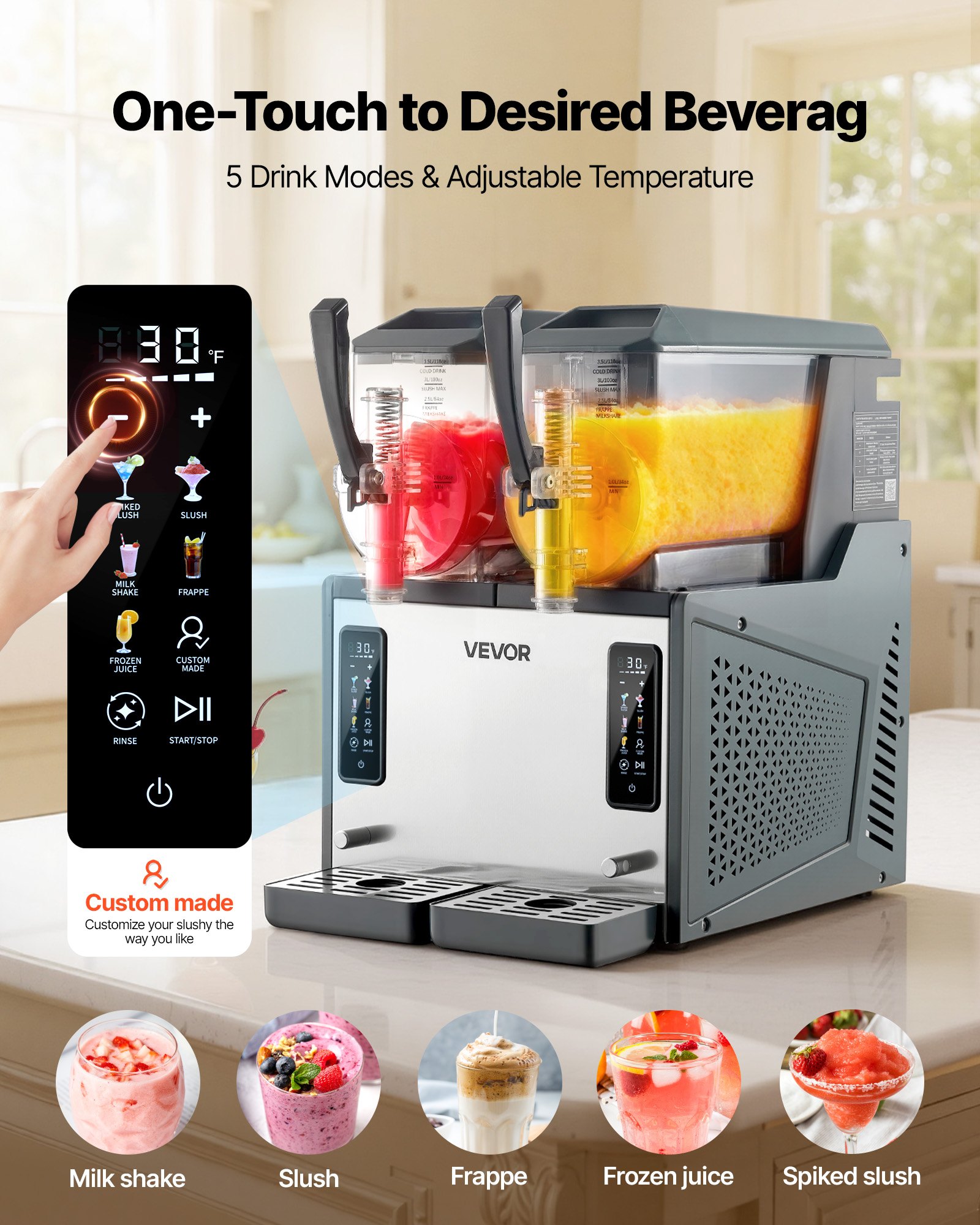 VEVOR Slush Machine 2 x 4 L, Slush Ice Maker 455 W (bez lodu), Elektryczna maszyna do margarity z funkcją samoczyszczenia, Nadaje się do mrożonych margarit, frappé, koktajli mlecznych i shake'ów