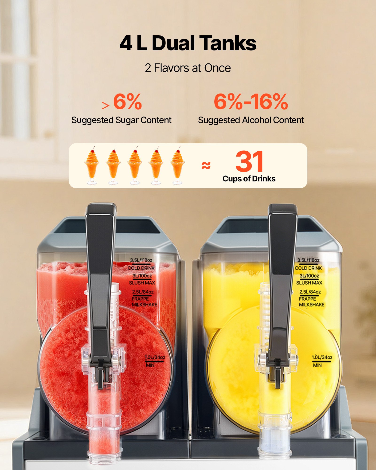 VEVOR Slush Machine 2 x 4 L, Slush Ice Maker 455 W (bez lodu), Elektryczna maszyna do margarity z funkcją samoczyszczenia, Nadaje się do mrożonych margarit, frappé, koktajli mlecznych i shake'ów