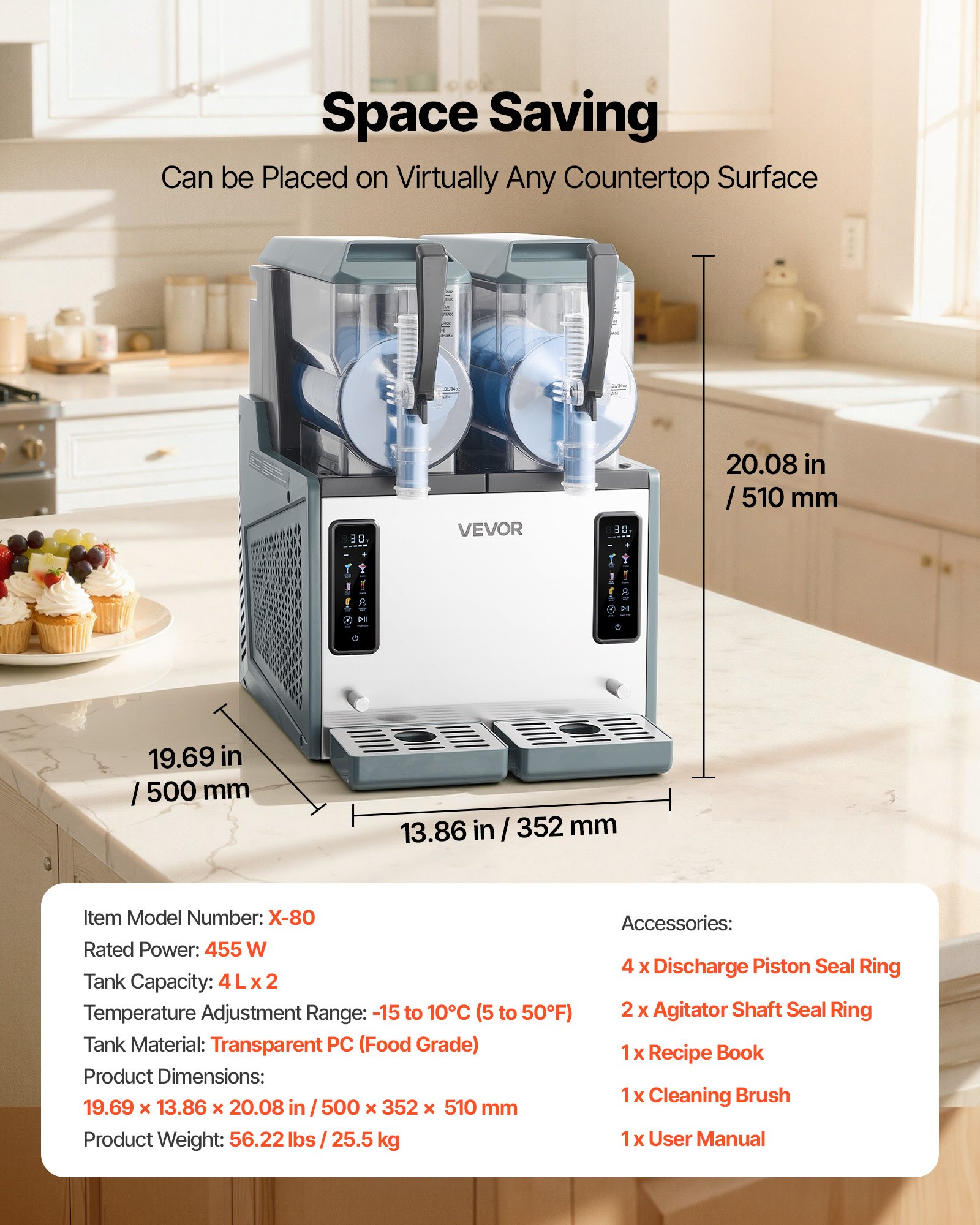 VEVOR Slush Machine 2 x 4 L, Slush Ice Maker 455 W (bez lodu), Elektryczna maszyna do margarity z funkcją samoczyszczenia, Nadaje się do mrożonych margarit, frappé, koktajli mlecznych i shake'ów