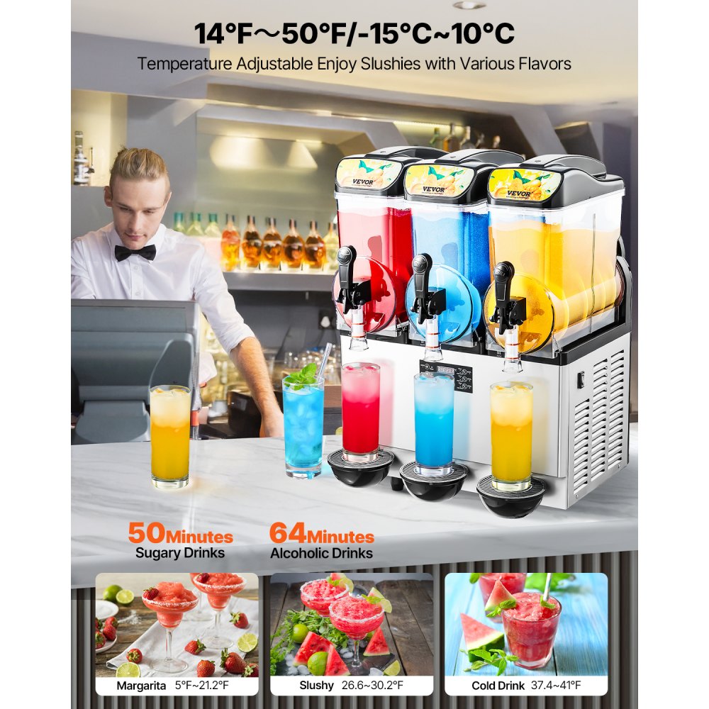 VEVOR Komercyjna maszyna do mrożonych napojów, 15 l x 3, maszyna do slushów z trzema zbiornikami, 180 filiżanek, maszyna do margarity ze stali nierdzewnej, maszyna do slushów na domowe imprezy, do restauracji, kawiarni i barów