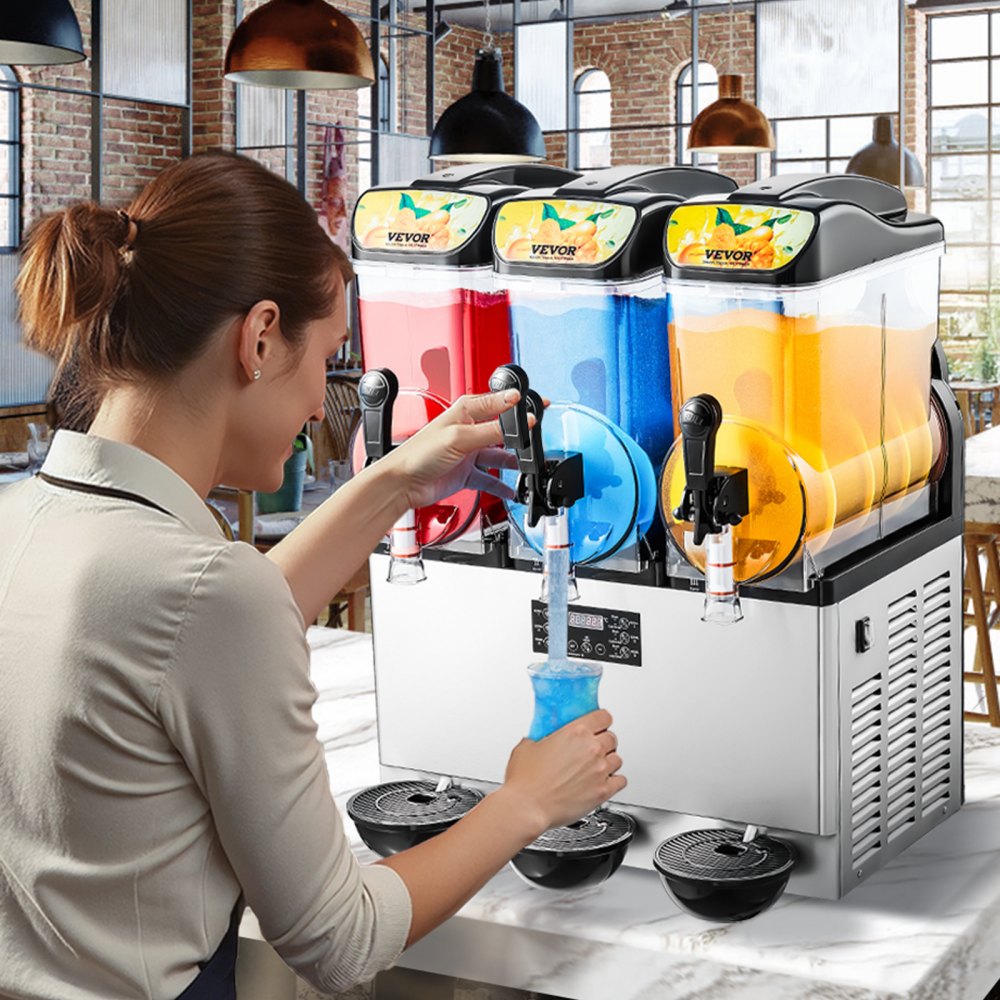 VEVOR Komercyjna maszyna do mrożonych napojów, 15 l x 3, maszyna do slushów z trzema zbiornikami, 180 filiżanek, maszyna do margarity ze stali nierdzewnej, maszyna do slushów na domowe imprezy, do restauracji, kawiarni i barów