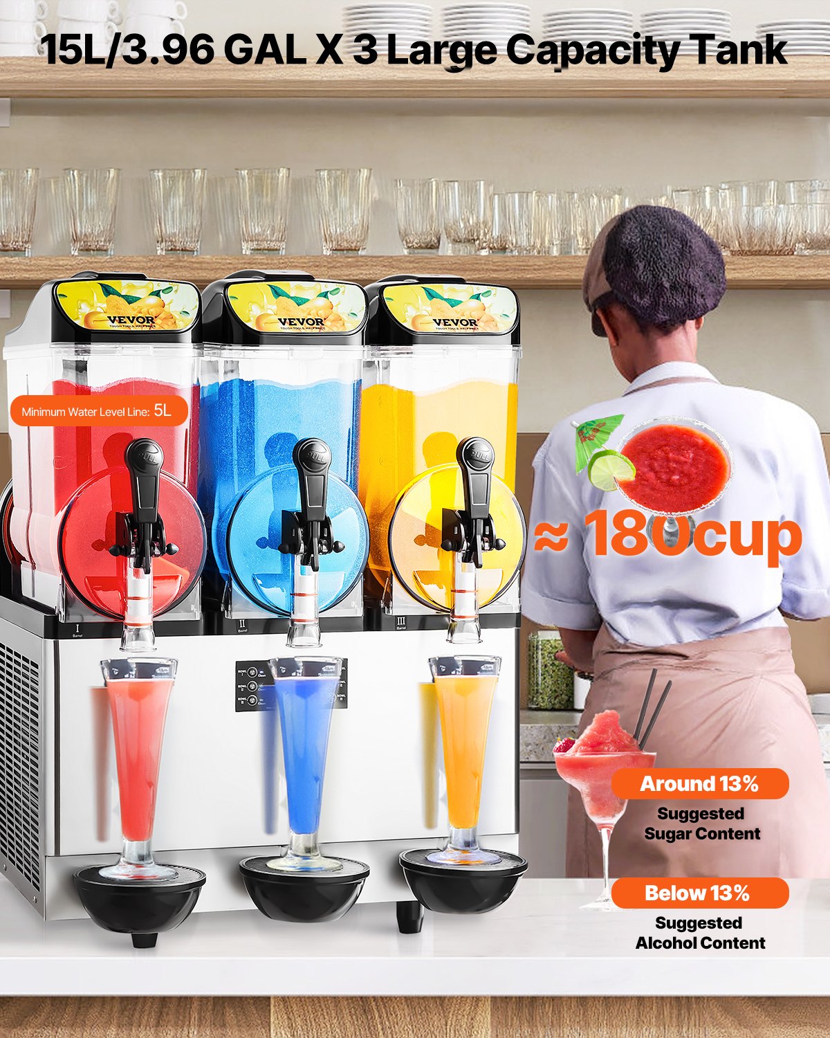 VEVOR Komercyjna maszyna do mrożonych napojów, 15 l x 3, maszyna do slushów z trzema zbiornikami, 180 filiżanek, maszyna do margarity ze stali nierdzewnej, maszyna do slushów na domowe imprezy, do restauracji, kawiarni i barów