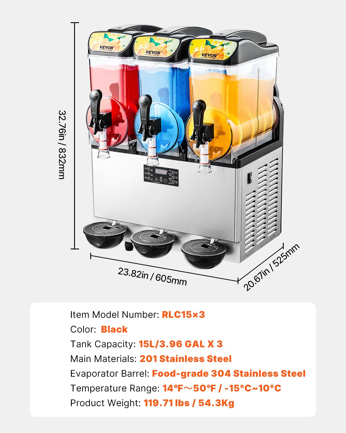 VEVOR Komercyjna maszyna do mrożonych napojów, 15 l x 3, maszyna do slushów z trzema zbiornikami, 180 filiżanek, maszyna do margarity ze stali nierdzewnej, maszyna do slushów na domowe imprezy, do restauracji, kawiarni i barów
