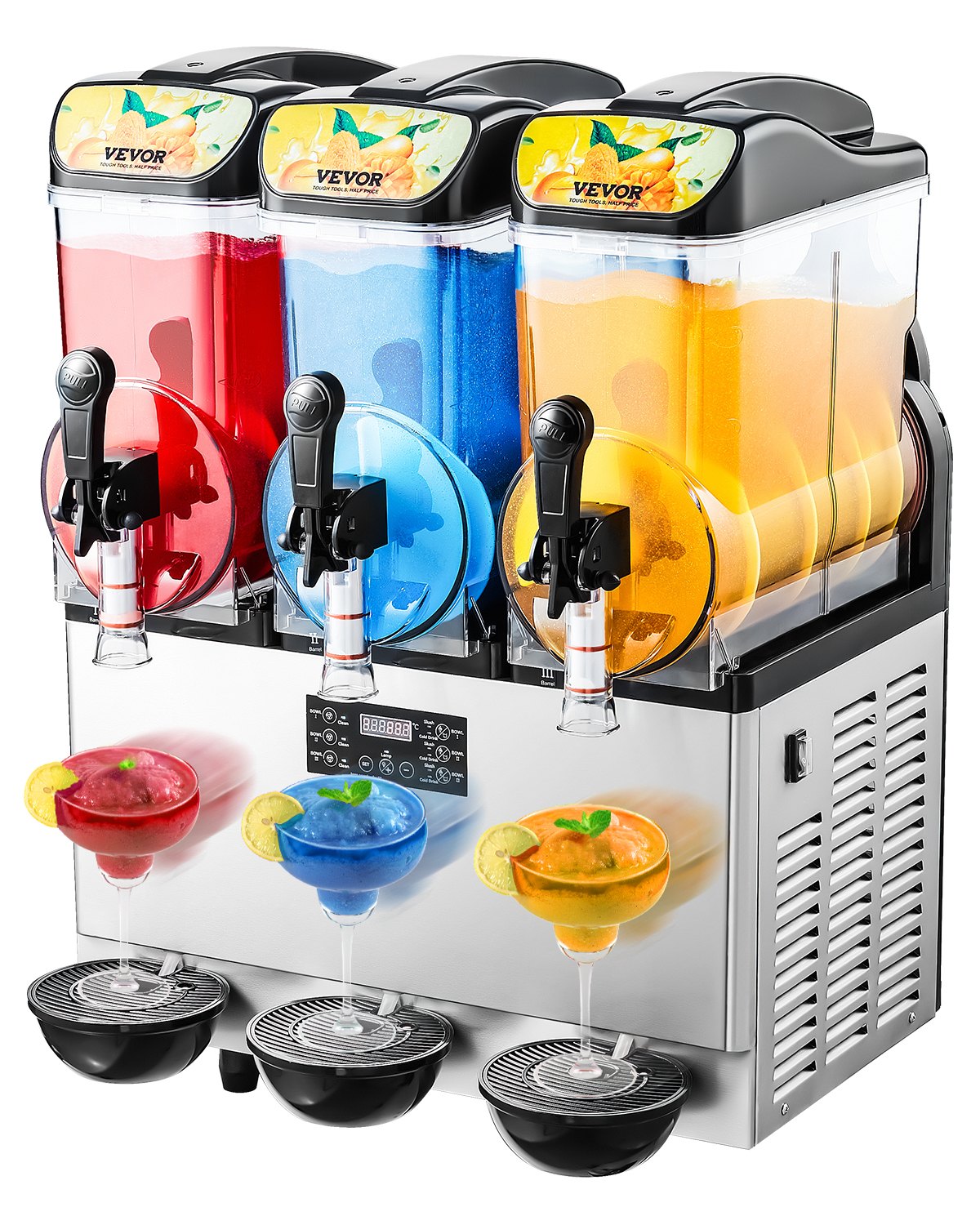 VEVOR Komercyjna maszyna do mrożonych napojów, 15 l x 3, maszyna do slushów z trzema zbiornikami, 180 filiżanek, maszyna do margarity ze stali nierdzewnej, maszyna do slushów na domowe imprezy, do restauracji, kawiarni i barów