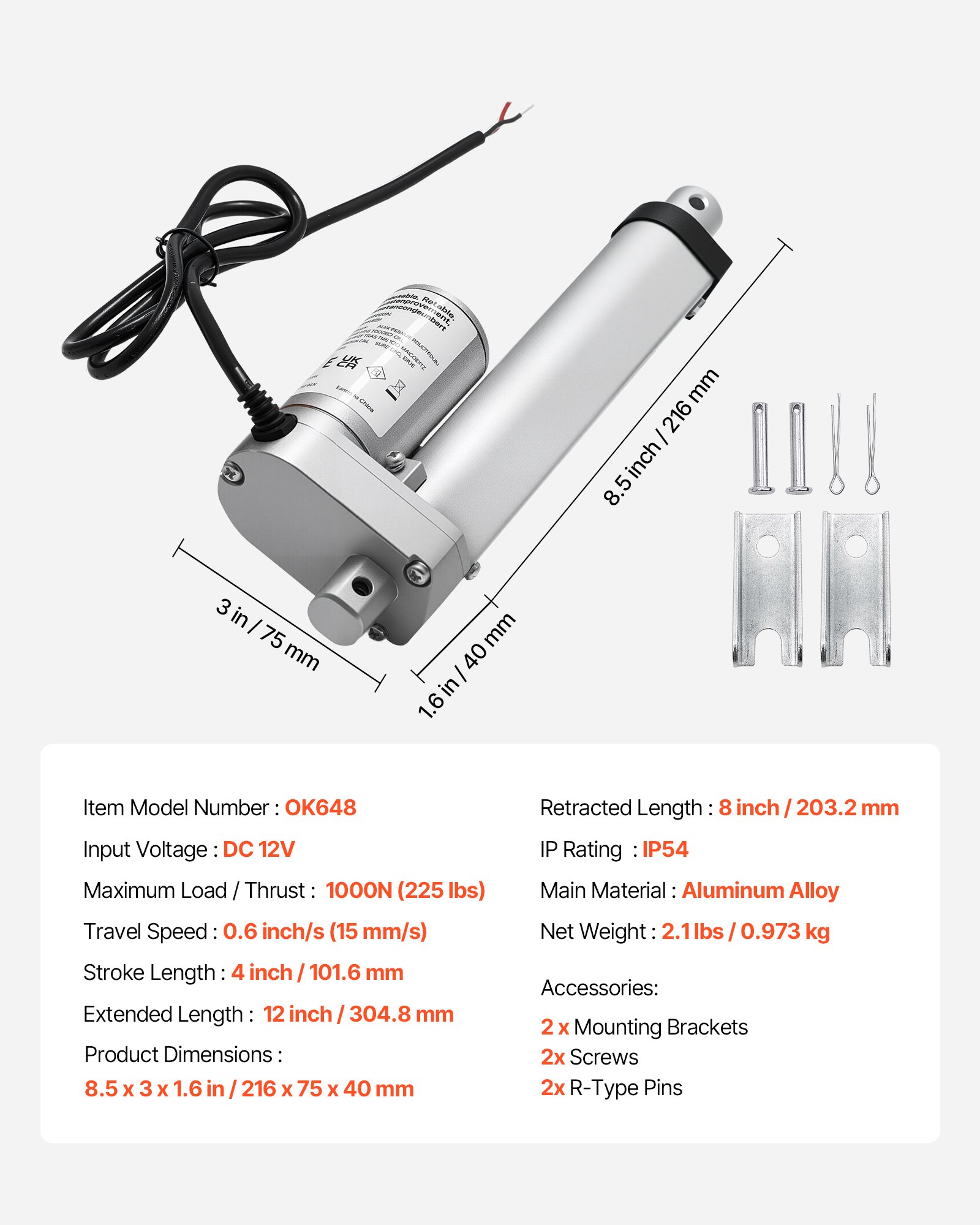Napęd liniowy VEVOR 12 V, silnik liniowy 101,6 mm z prędkością 15 mm/s, siłownik liniowy 1000 N z ochroną IP54 i uchwytem montażowym, siłowniki liniowe do biurek z regulacją wysokości, foteli rozkładanych, otwieraczy okien i drzwi