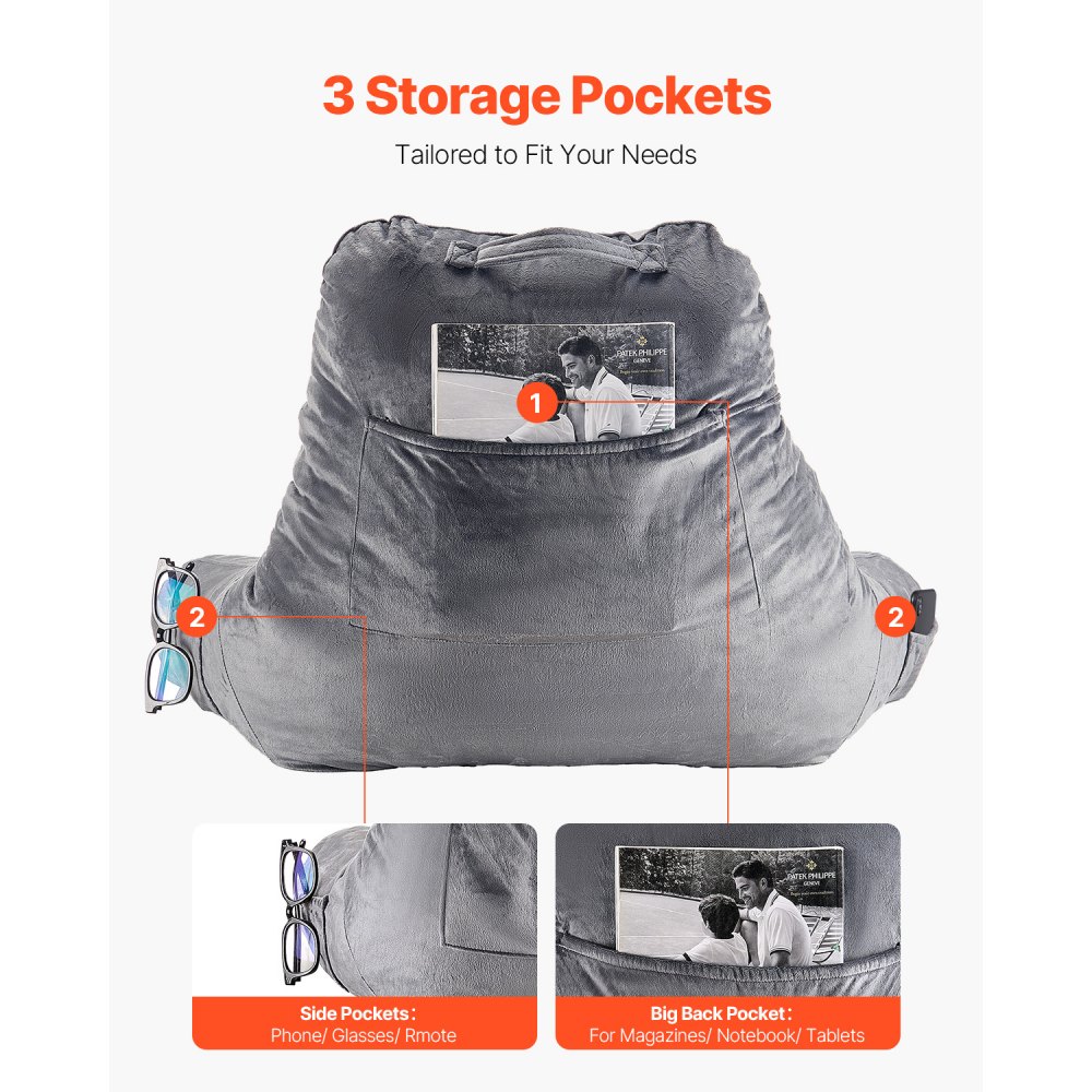 Poduszka do czytania VEVOR (duża) z rozdrobnioną pianką memory foam, poduszka na oparcie (381 x 508 x 254 mm) z 3 kieszeniami i zmywalną krótką aksamitną szmatką, góra z uchwytem, ​​do oglądania telewizji, czytania i grania