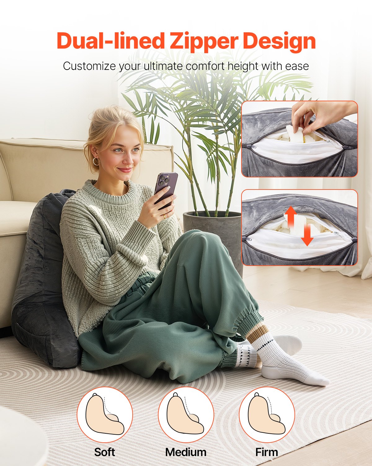 Poduszka do czytania VEVOR (duża) z rozdrobnioną pianką memory foam, poduszka na oparcie (381 x 508 x 254 mm) z 3 kieszeniami i zmywalną krótką aksamitną szmatką, góra z uchwytem, ​​do oglądania telewizji, czytania i grania