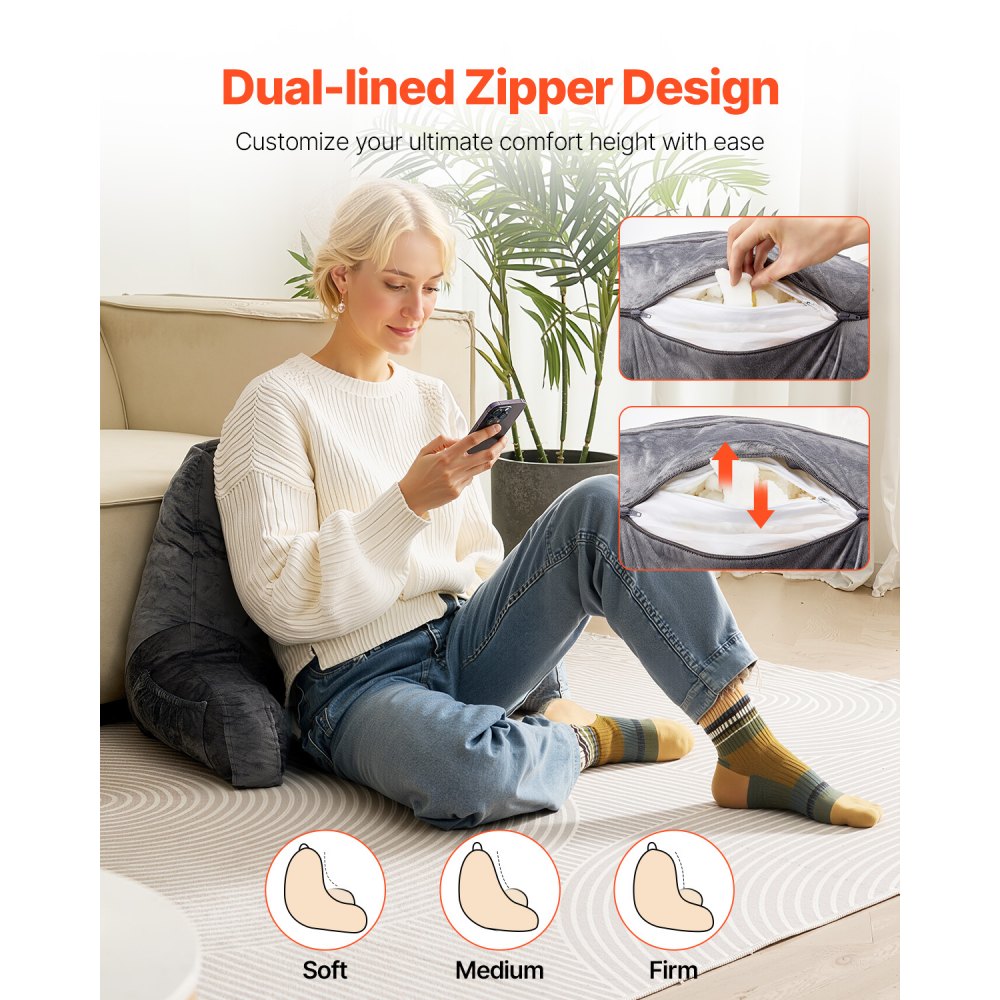 Poduszka do czytania VEVOR w standardowym rozmiarze z rozdrobnioną pianką memory foam, poduszka na plecy z 3 kieszeniami i zmywalną krótką aksamitną szmatką, góra z uchwytem, ​​do oglądania telewizji, czytania i grania, kolor szary