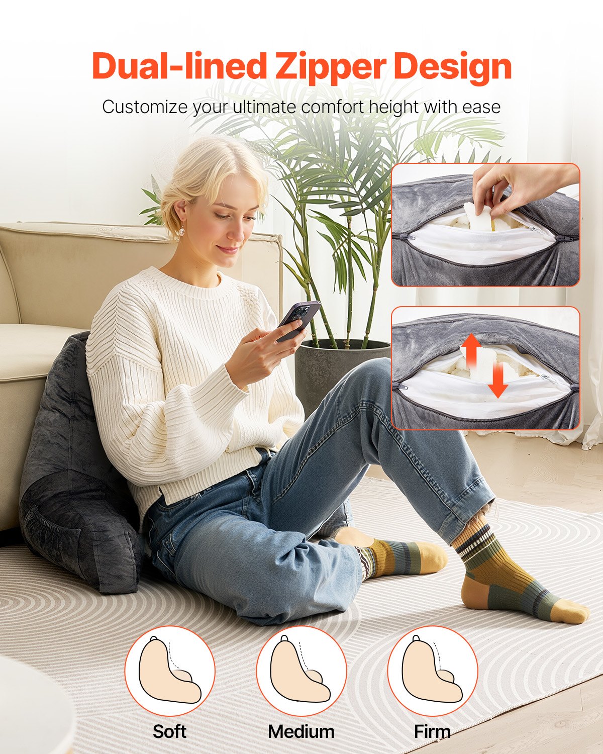 Poduszka do czytania VEVOR w standardowym rozmiarze z rozdrobnioną pianką memory foam, poduszka na plecy z 3 kieszeniami i zmywalną krótką aksamitną szmatką, góra z uchwytem, ​​do oglądania telewizji, czytania i grania, kolor szary