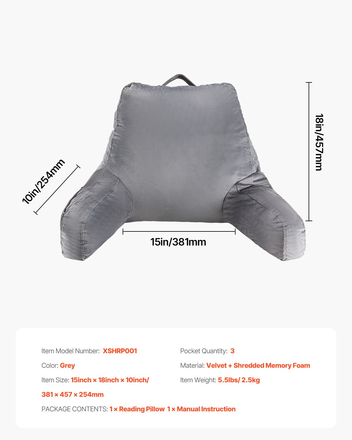 Poduszka do czytania VEVOR w standardowym rozmiarze z rozdrobnioną pianką memory foam, poduszka na plecy z 3 kieszeniami i zmywalną krótką aksamitną szmatką, góra z uchwytem, ​​do oglądania telewizji, czytania i grania, kolor szary