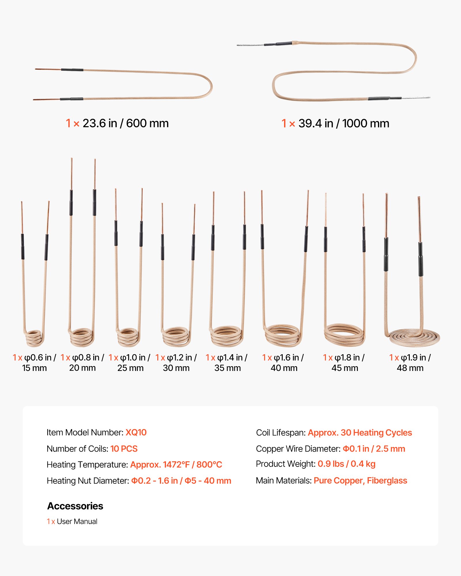 VEVOR 10-częściowy zestaw cewek grzewczych indukcyjnych magnetycznych, miniaturowy zestaw cewek grzewczych o elastyczności i długiej żywotności, do usuwania zardzewiałych śrub i nakrętek, 8 cewek + 1 w kształcie litery U + 1 w dowolnym kształcie