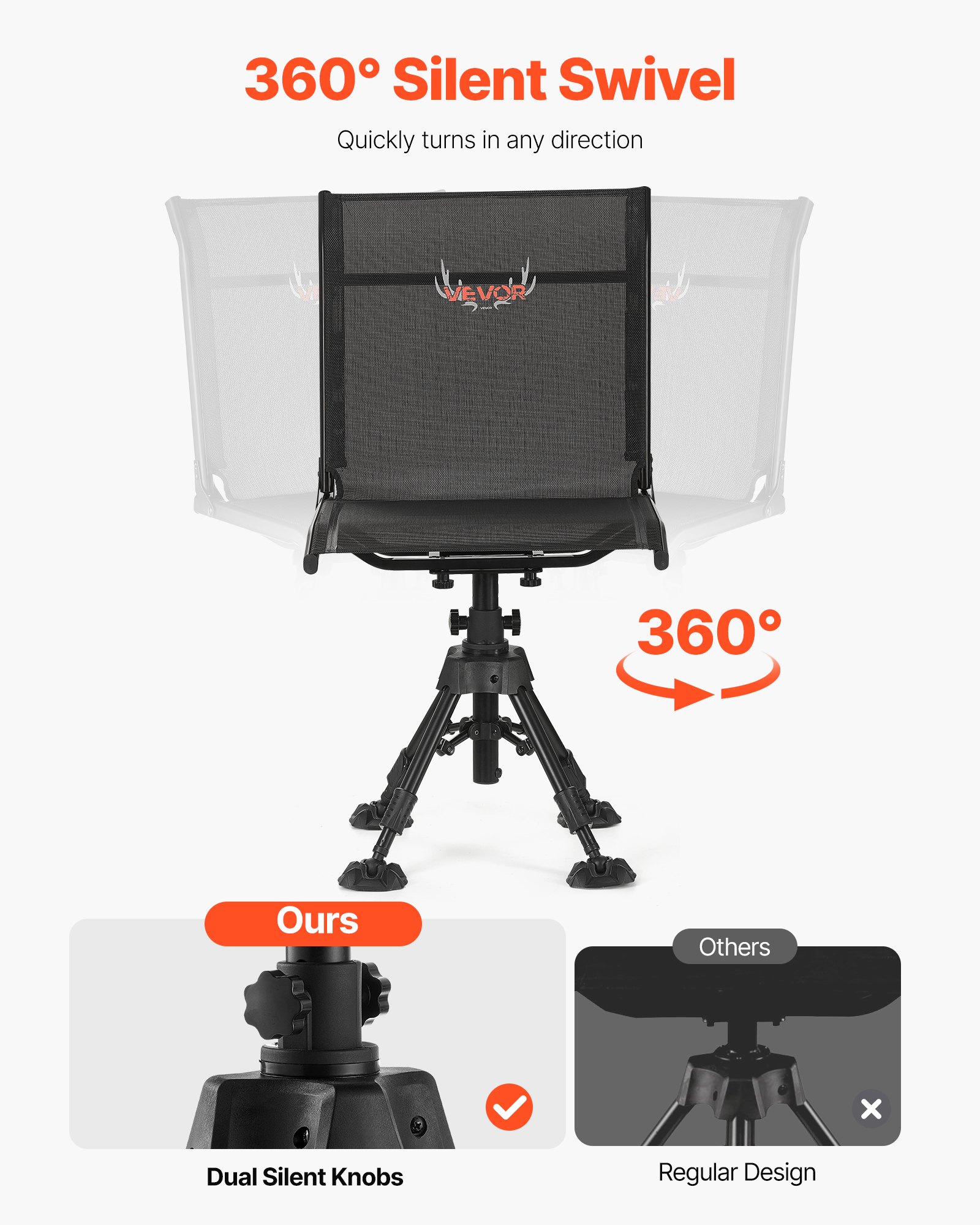 VEVOR składane krzesło kempingowe, krzesło wędkarskie ze stalową ramą, regulowane na wysokość, krzesło ogrodowe (nośność 158 kg), obracane o 360°, ciche, 420-625 mm (wysokość siedziska) do ogrodu piknikowego na zewnątrz