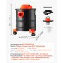 Odkurzacz do popiołu VEVOR 1200 W, przenośny odkurzacz do kominków, zbiornik stalowy 20 l, czarno-pomarańczowy, z funkcją dmuchawy do kominków, pieców na pellet, grilli i palenisk, z podwójnym systemem filtracji, z uchwytem na kółkach i wężem 1,2 m