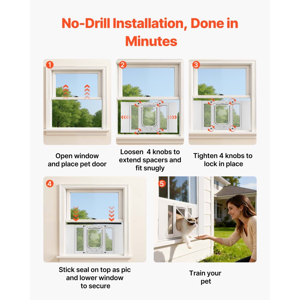 Drzwiczki dla kota VEVOR, regulowane do szerokości okna (584-711 mm), odporne na warunki atmosferyczne drzwi dla zwierząt z 4 bezpiecznymi trybami blokowania, aluminiowa rama, szkło o wysokiej przejrzystości i magnetyczne zamknięcie, białe