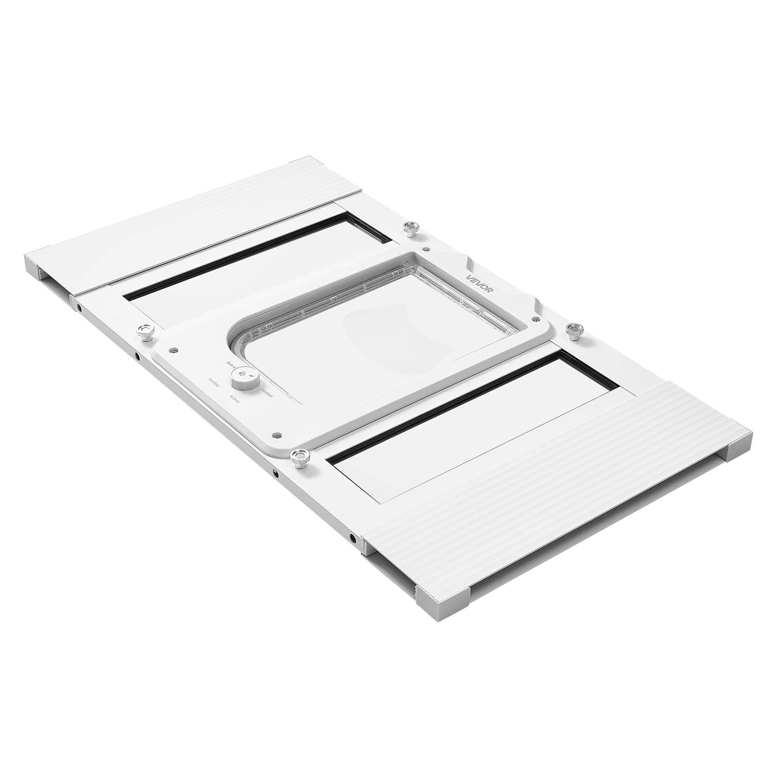 Drzwiczki dla kota VEVOR, regulowane do szerokości okna (584-711 mm), odporne na warunki atmosferyczne drzwi dla zwierząt z 4 bezpiecznymi trybami blokowania, aluminiowa rama, szkło o wysokiej przejrzystości i magnetyczne zamknięcie, białe