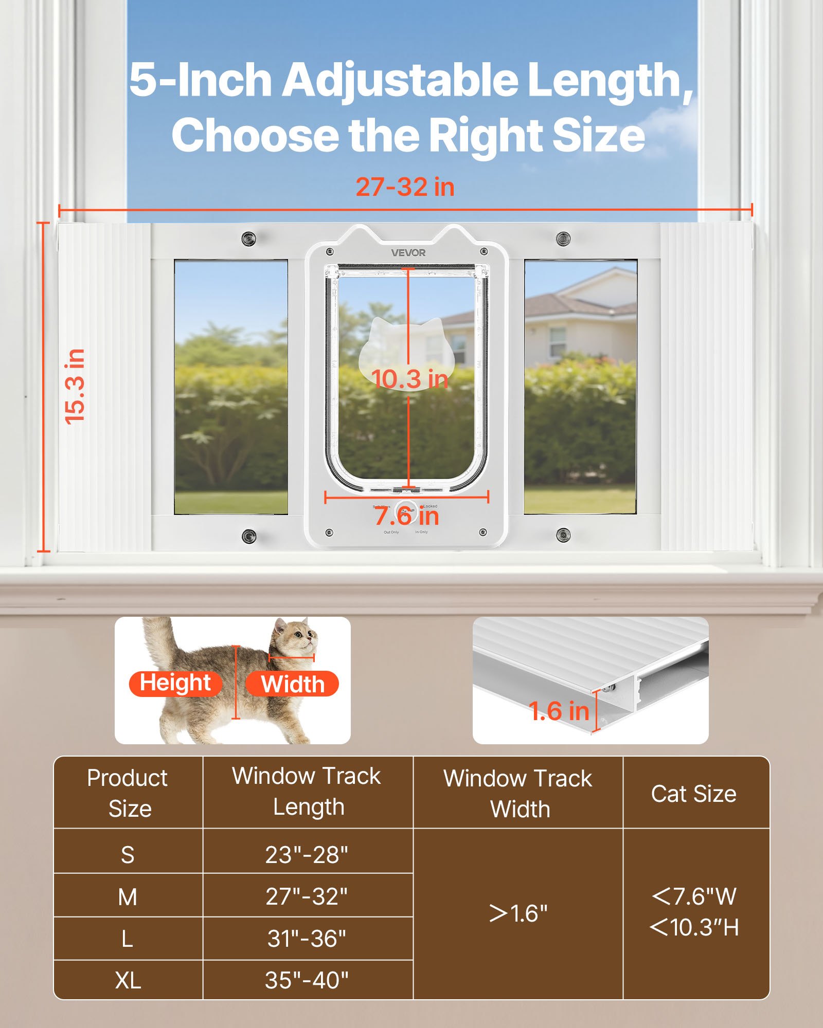VEVOR Cat Door for Window, Adjustable to Fit Window Width 686-813 mm, 4 Secure Lock Modes, Aluminum Frame and High-Transparency Glass, Magnetic Closure, Weatherproof Quick-Fit Pet Door for Cats, White