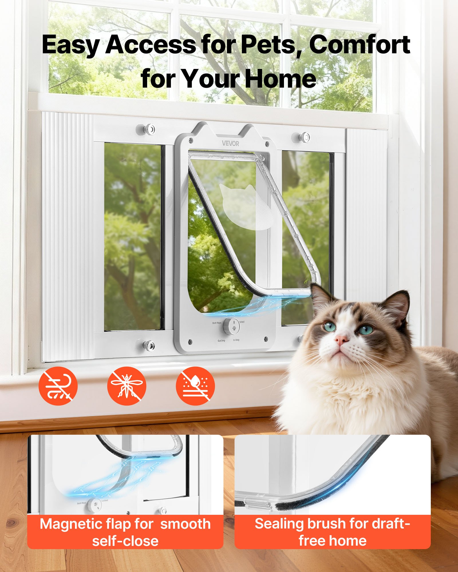 VEVOR Cat Door for Window, Adjustable to Fit Window Width 686-813 mm, 4 Secure Lock Modes, Aluminum Frame and High-Transparency Glass, Magnetic Closure, Weatherproof Quick-Fit Pet Door for Cats, White