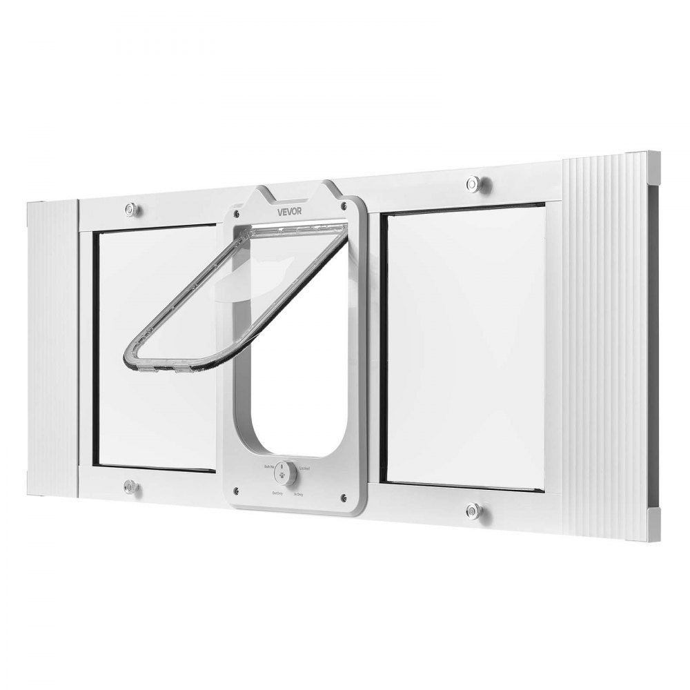 Drzwiczki dla kota VEVOR, regulowane do szerokości okna (889-1016 mm), odporne na warunki atmosferyczne drzwi dla zwierząt z 4 bezpiecznymi trybami blokowania, aluminiowa rama, szkło o wysokiej przejrzystości i magnetyczne zamknięcie, białe