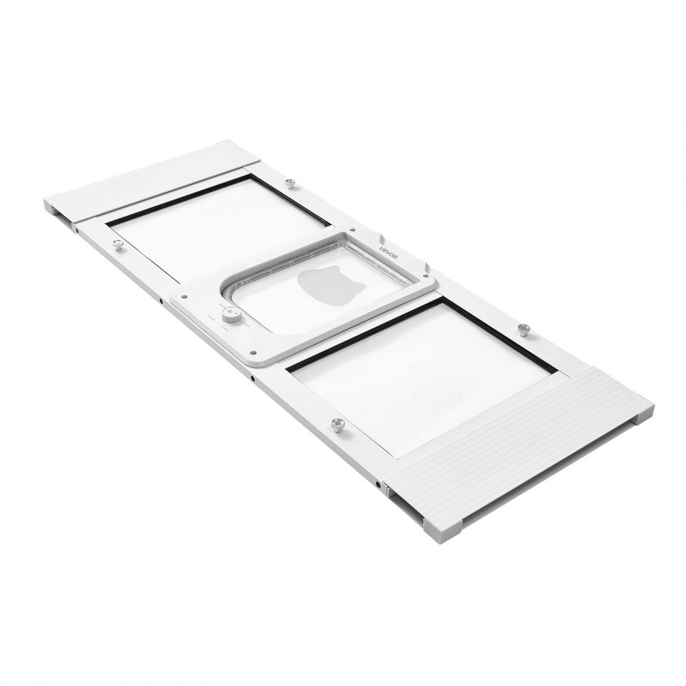Drzwiczki dla kota VEVOR, regulowane do szerokości okna (889-1016 mm), odporne na warunki atmosferyczne drzwi dla zwierząt z 4 bezpiecznymi trybami blokowania, aluminiowa rama, szkło o wysokiej przejrzystości i magnetyczne zamknięcie, białe