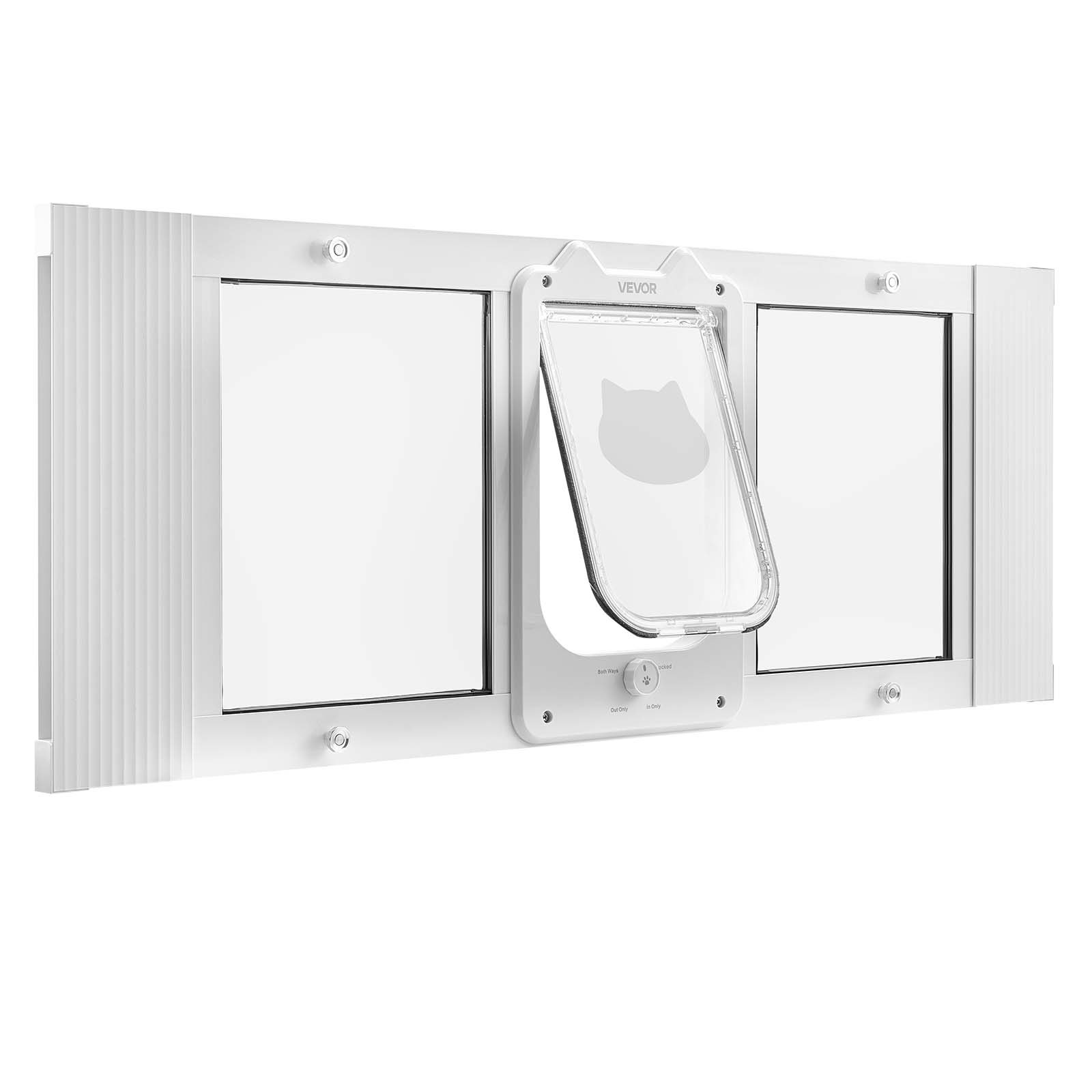 Drzwiczki dla kota VEVOR, regulowane do szerokości okna (889-1016 mm), odporne na warunki atmosferyczne drzwi dla zwierząt z 4 bezpiecznymi trybami blokowania, aluminiowa rama, szkło o wysokiej przejrzystości i magnetyczne zamknięcie, białe