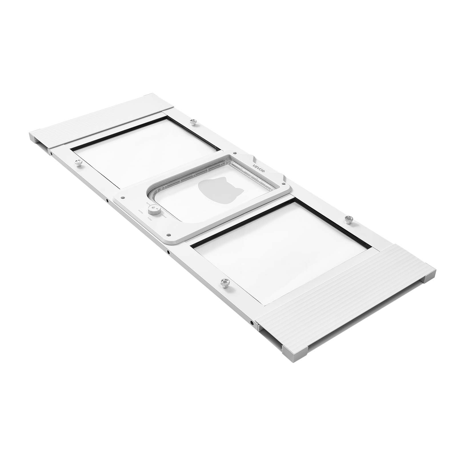 Drzwiczki dla kota VEVOR, regulowane do szerokości okna (889-1016 mm), odporne na warunki atmosferyczne drzwi dla zwierząt z 4 bezpiecznymi trybami blokowania, aluminiowa rama, szkło o wysokiej przejrzystości i magnetyczne zamknięcie, białe