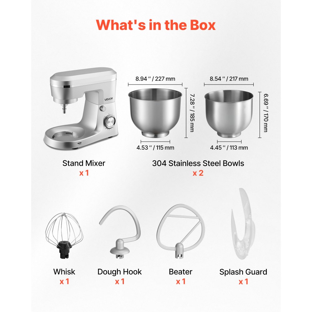 Mikser stojący/urządzenie kuchenne do pieczenia VEVOR, mikser do ciasta o mocy 1500 W ze stalowymi misami (4,2 + 5,7 l) oraz hakiem do ciasta, mieszadłem i trzepaczką, 10-biegowy regulowany mikser z funkcją pochylania