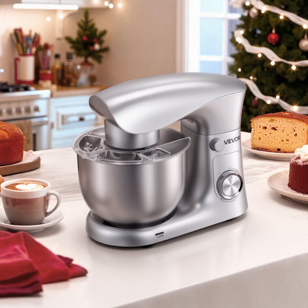 VEVOR Mikser stojący/urządzenie kuchenne do pieczenia, mikser do ciasta o mocy 1500 W ze stalową misą (4,2 l) i hakiem do ciasta, mieszadłem i trzepaczką, 10-biegowy mikser z regulacją nachylenia