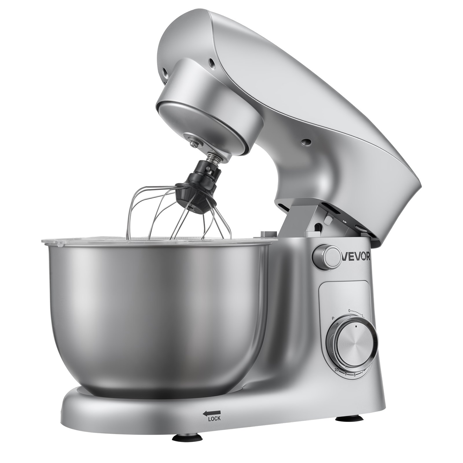 VEVOR Mikser stojący/urządzenie kuchenne do pieczenia, mikser do ciasta o mocy 1500 W ze stalową misą (4,2 l) i hakiem do ciasta, mieszadłem i trzepaczką, 10-biegowy mikser z regulacją nachylenia