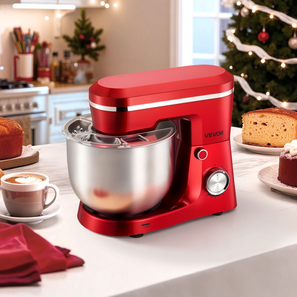 VEVOR Mikser stojący/robot kuchenny do pieczenia, maszyna do ciasta o mocy 1500 W ze stalową misą (5,7 l) i hakiem do ciasta, mieszadłem i trzepaczką, 10-biegowy mikser z regulacją nachylenia