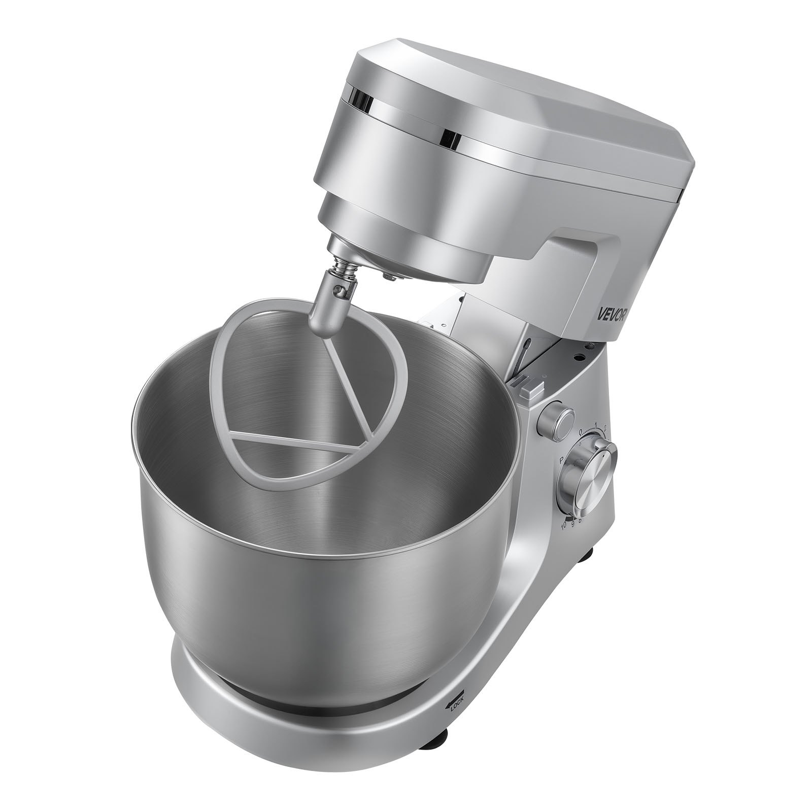 VEVOR Mikser stojący/robot kuchenny do pieczenia, maszyna do ciasta o mocy 1500 W ze stalową misą (5,7 l) i hakiem do ciasta, mieszadłem i trzepaczką, 10-biegowy mikser z regulacją nachylenia