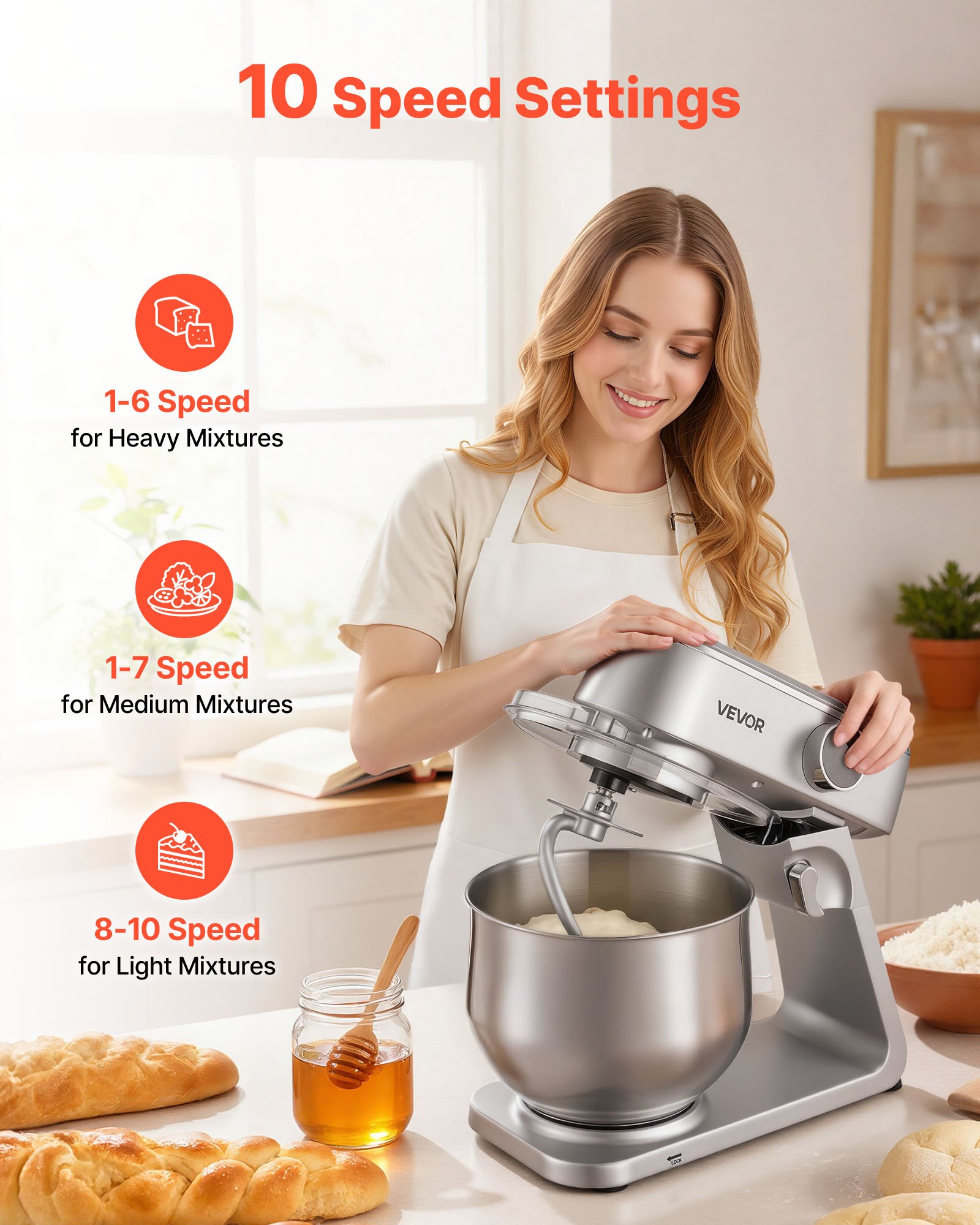 VEVOR Mikser stojący/robot kuchenny do pieczenia, mikser do ciasta o mocy 1800 W ze stalowymi misami (7,4 l) i hakiem do ciasta, mieszadłem i trzepaczką, 10-biegowy mikser z regulacją nachylenia