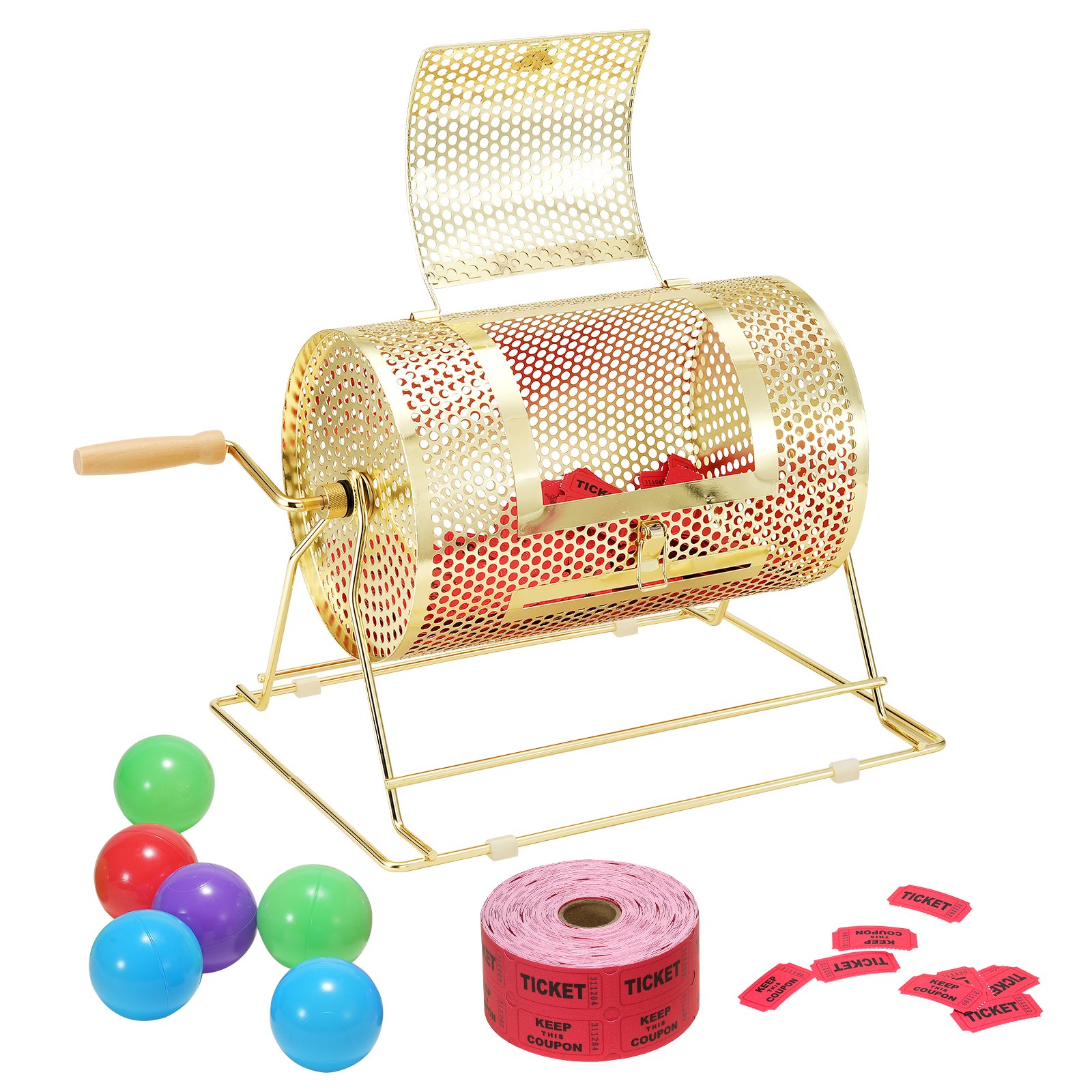 VEVOR Lucky Child Lottery Drum, 3500 Lottery Tickets or 100 Tombola Balls Capacity, Professional Metal Lottery Rotating Cage, Lottery Turntable, Lottery Box for Lottery Games, Golden