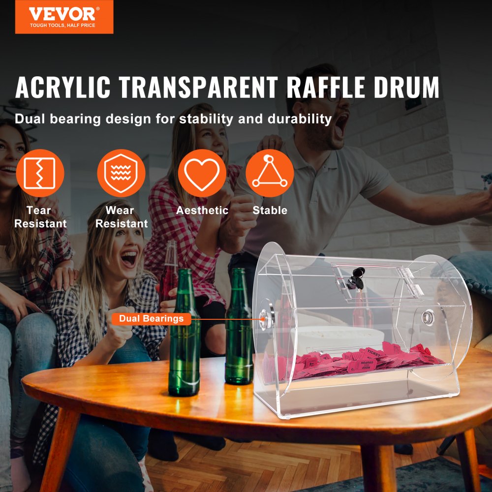 VEVOR Lucky Child Lottery Drum, 5000 Lottery Tickets or 200 Tombola Balls Capacity, Professional Lottery Rotating Cage with 2 Keys, Transparent Lottery Turntable, Lottery Box for Lottery Games