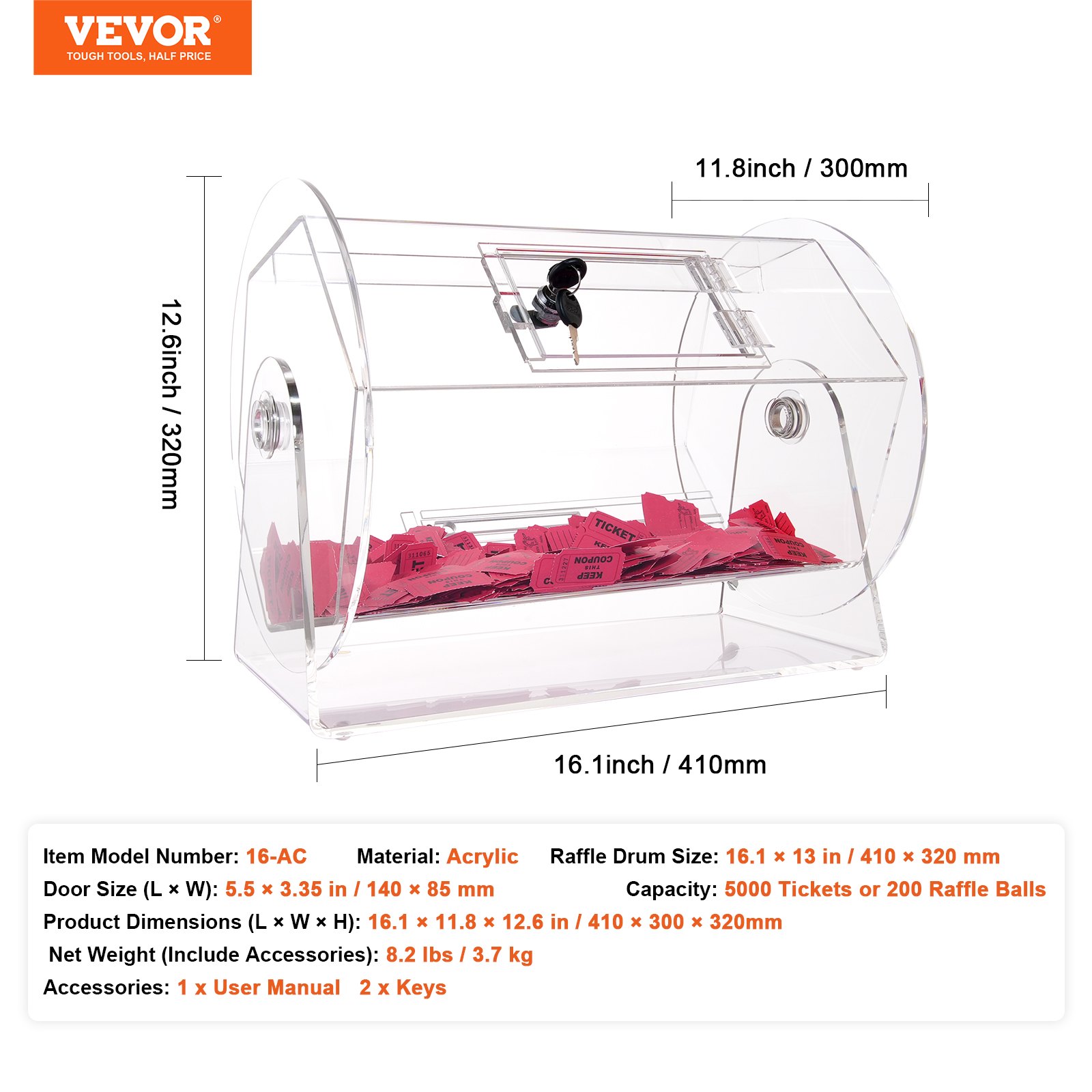 VEVOR Lucky Child Lottery Drum, 5000 Lottery Tickets or 200 Tombola Balls Capacity, Professional Lottery Rotating Cage with 2 Keys, Transparent Lottery Turntable, Lottery Box for Lottery Games