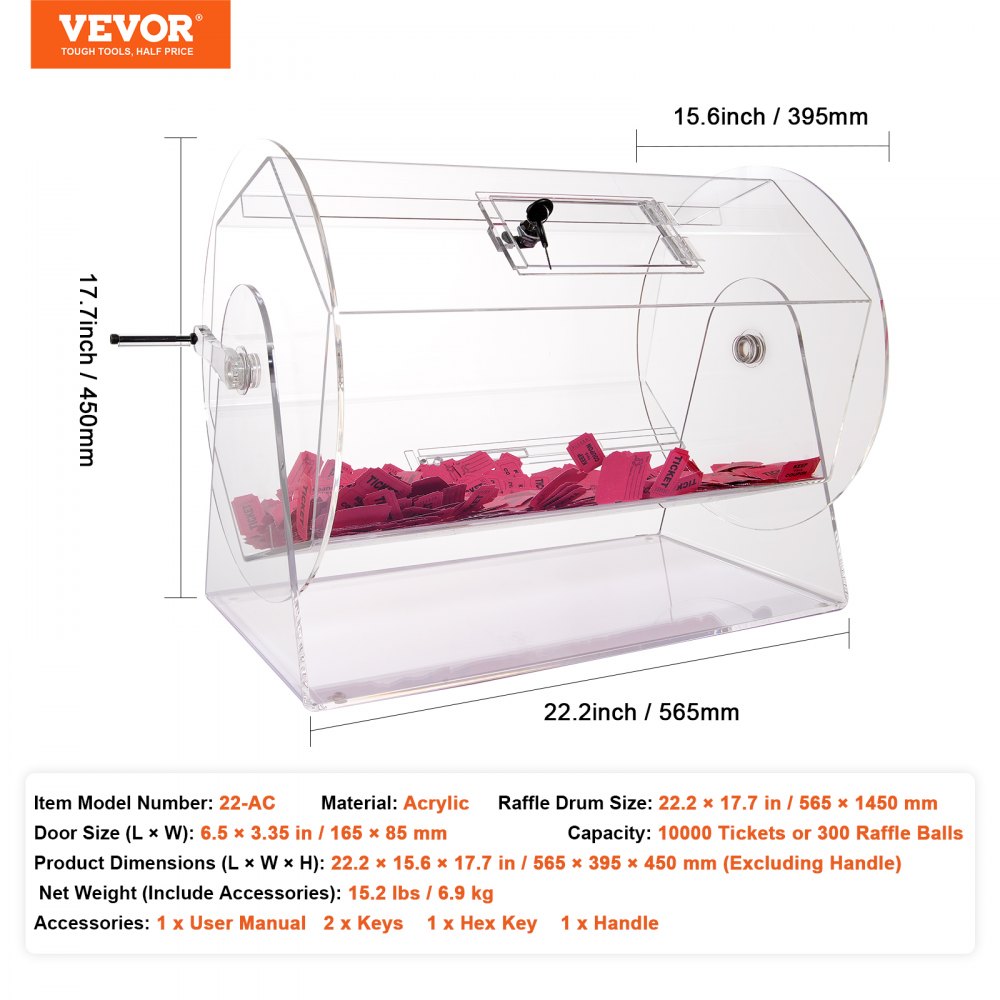 VEVOR Lucky Child Lottery Drum, 10,000 Lottery Tickets or 300 Tombola Balls Capacity, Professional Lottery Rotating Cage with 2 Keys, Transparent Lottery Turntable, Lottery Box for Lottery Games