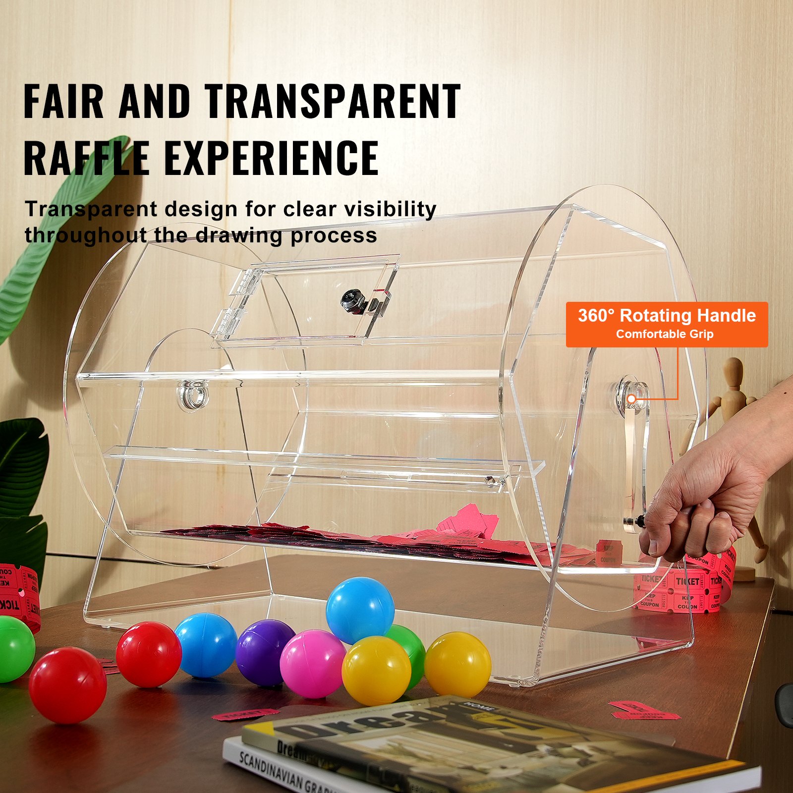 VEVOR Lucky Child Lottery Drum, 10,000 Lottery Tickets or 300 Tombola Balls Capacity, Professional Lottery Rotating Cage with 2 Keys, Transparent Lottery Turntable, Lottery Box for Lottery Games