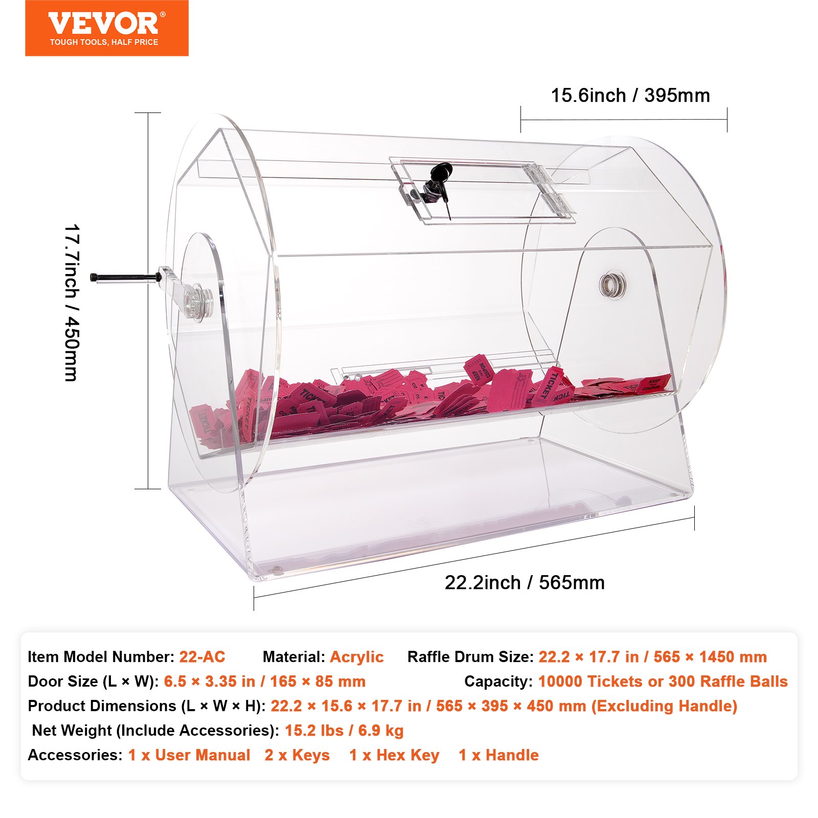 VEVOR Lucky Child Lottery Drum, 10,000 Lottery Tickets or 300 Tombola Balls Capacity, Professional Lottery Rotating Cage with 2 Keys, Transparent Lottery Turntable, Lottery Box for Lottery Games