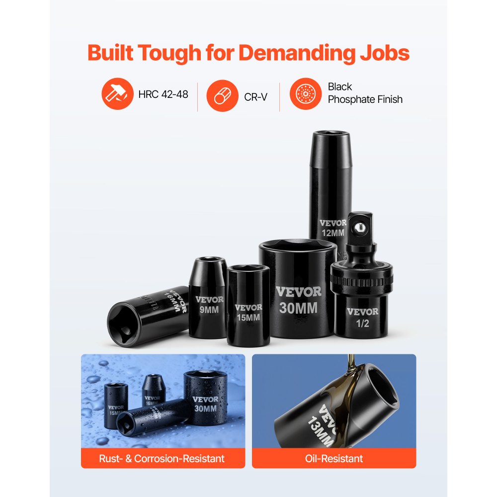 VEVOR 1/2 in Drive Impact Socket Set, 39 Piece, 6 Point Deep & Shallow Impact Sockets, Metric 9 to 30 mm, Cr-V Steel High Durability, with Universal Joint, Dual Size Markings, Heavy Duty Carrying Case