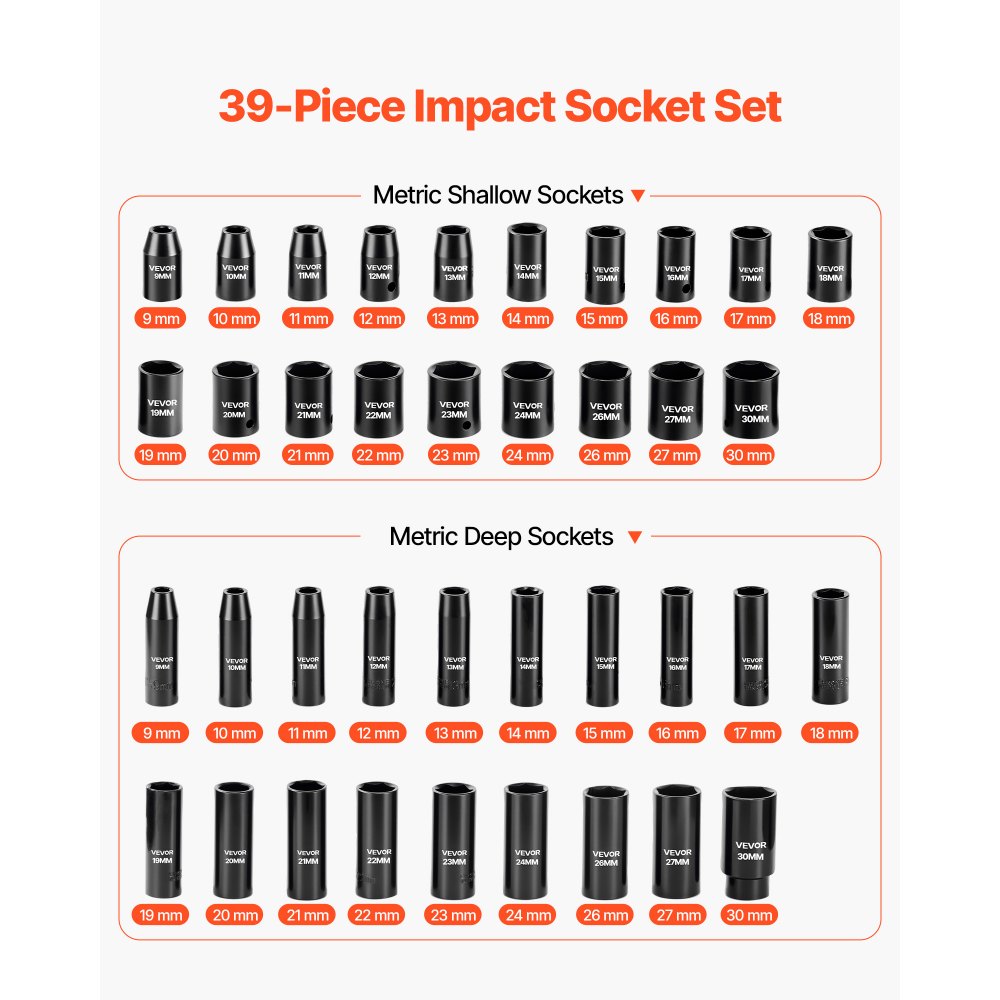 VEVOR 1/2 in Drive Impact Socket Set, 39 Piece, 6 Point Deep & Shallow Impact Sockets, Metric 9 to 30 mm, Cr-V Steel High Durability, with Universal Joint, Dual Size Markings, Heavy Duty Carrying Case