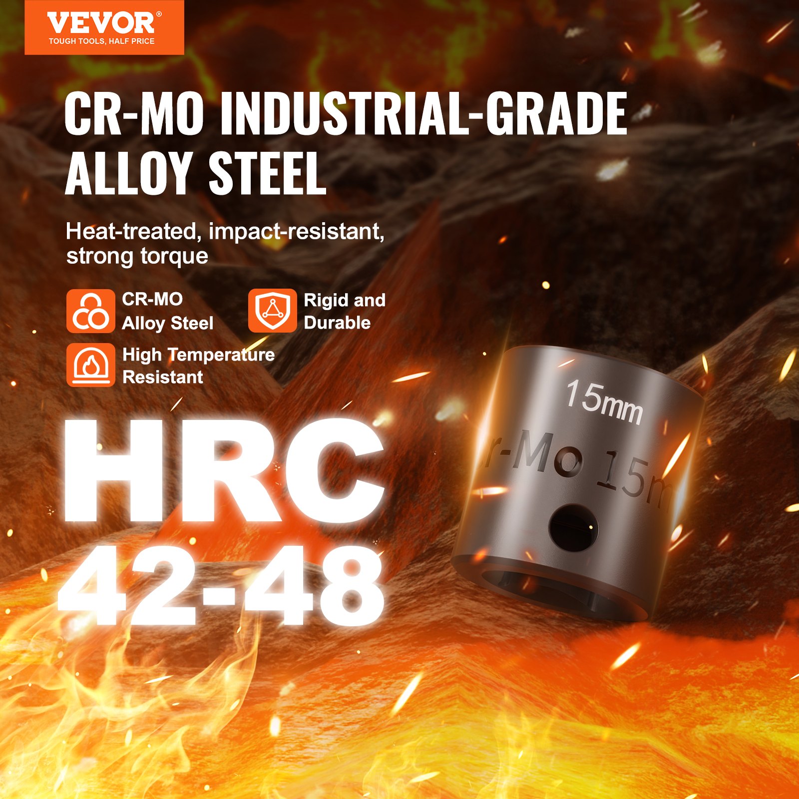 Zestaw nasadek udarowych VEVOR z napędem 9,5 mm, 15-częściowy zestaw nasadek metrycznych 10-24 mm, stal stopowa Cr-Mo do napraw samochodowych, łatwe do odczytania oznaczenia rozmiarów, solidna konstrukcja