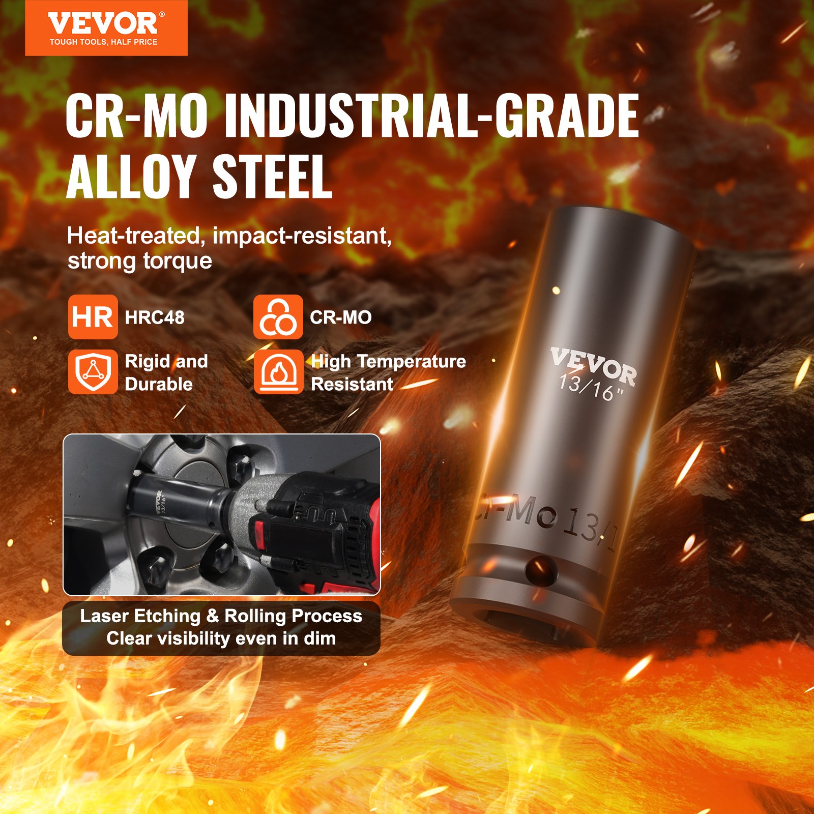 Zestaw nasadek udarowych VEVOR 3/8 cala i 1/2 cala, 130-częściowy zestaw nasadek SAE i metrycznych, 6-kątnych, ze stali stopowej Cr-Mo, do napraw samochodowych, w etui do przechowywania