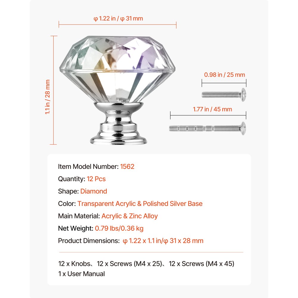 VEVOR Cabinet Knobs, 12 Pack, 31 mm Acrylic & Zinc Alloy Drawer Pulls Door Handles, Diamond Kitchen Solid Knobs Dresser Handles, Cupboard Hardware with Screws for Bathroom Closet Cabinets Drawers