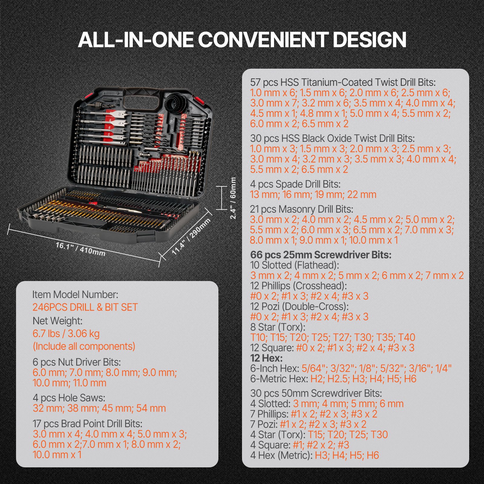 Zestaw wierteł VEVOR 246 elementów, zestaw wierteł i bitów wkręcających, zestaw bitów wkręcających odpowiedni do wiercenia i wkręcania w drewnie, metalu i cemencie, zestaw wierteł w uporządkowanej walizce transportowej