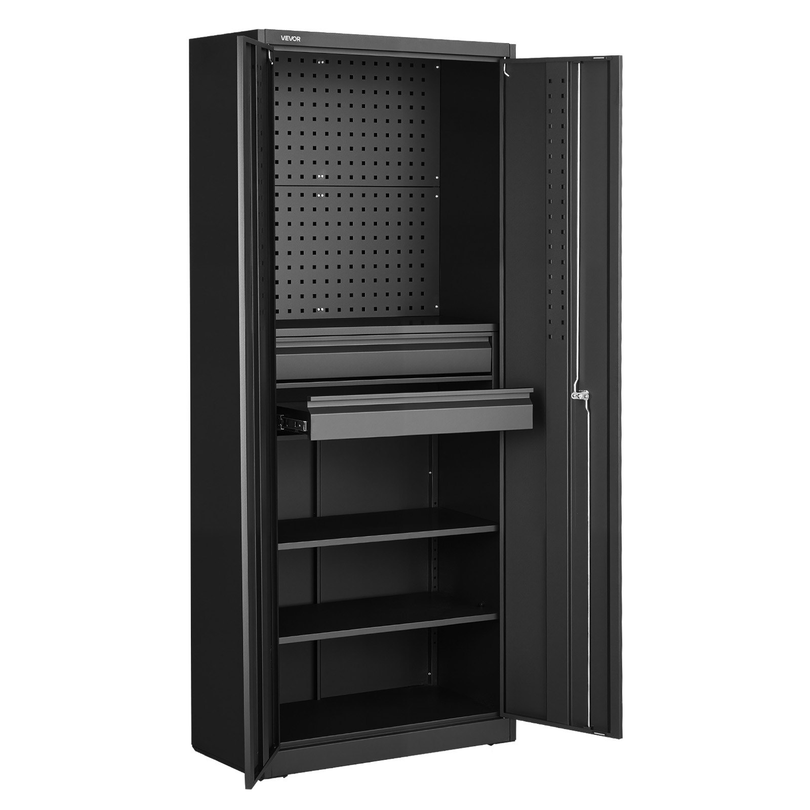 VEVOR Metalowa szafka do przechowywania, szafka garażowa z 2 drzwiami, 2 szufladami, 2 regulowanymi półkami i ścianką perforowaną, szafka o wysokości 1,8 m, nośność 81,5 kg, wielofunkcyjna szafka do garażu, biura, warsztatu, czarna