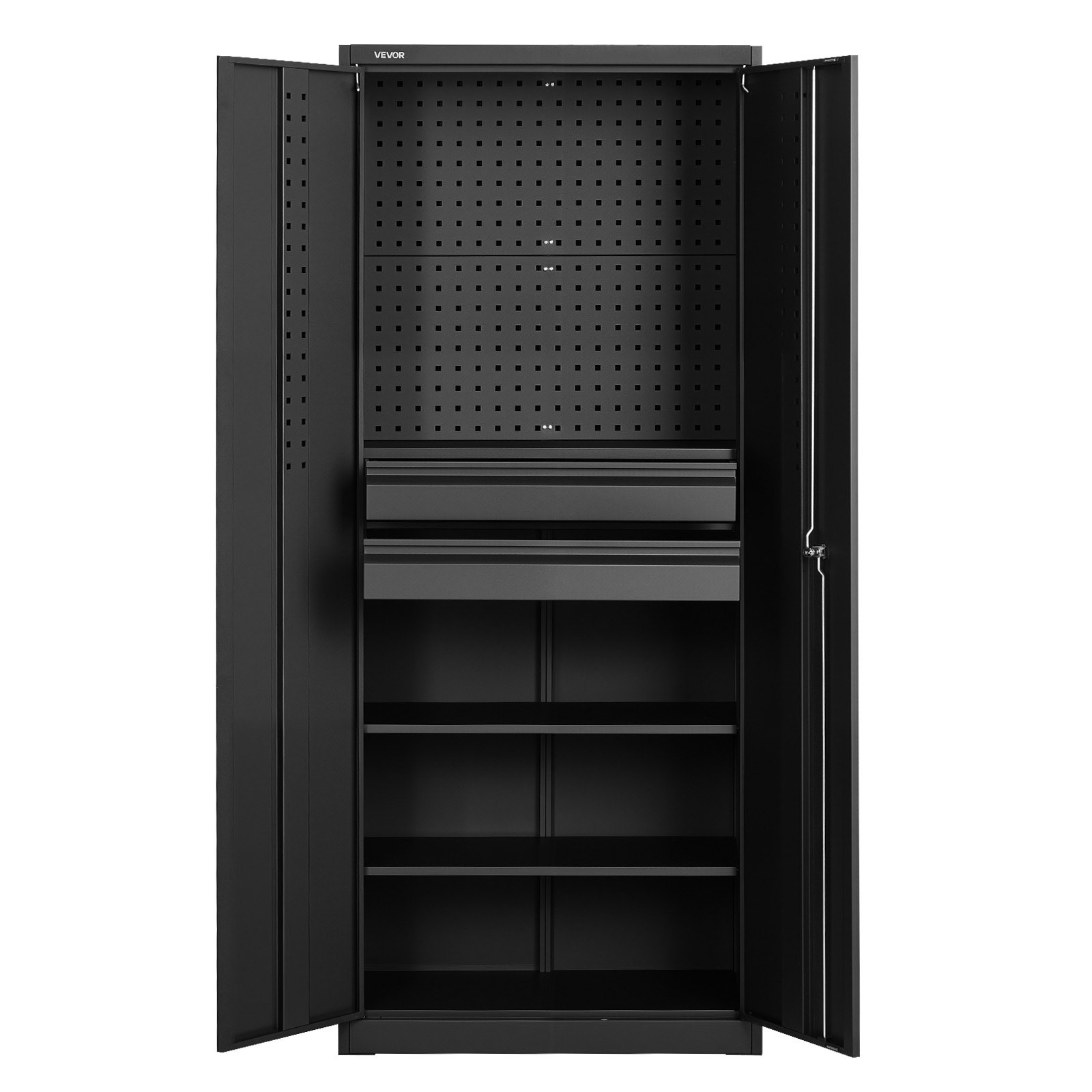 VEVOR Metalowa szafka do przechowywania, szafka garażowa z 2 drzwiami, 2 szufladami, 2 regulowanymi półkami i ścianką perforowaną, szafka o wysokości 1,8 m, nośność 81,5 kg, wielofunkcyjna szafka do garażu, biura, warsztatu, czarna