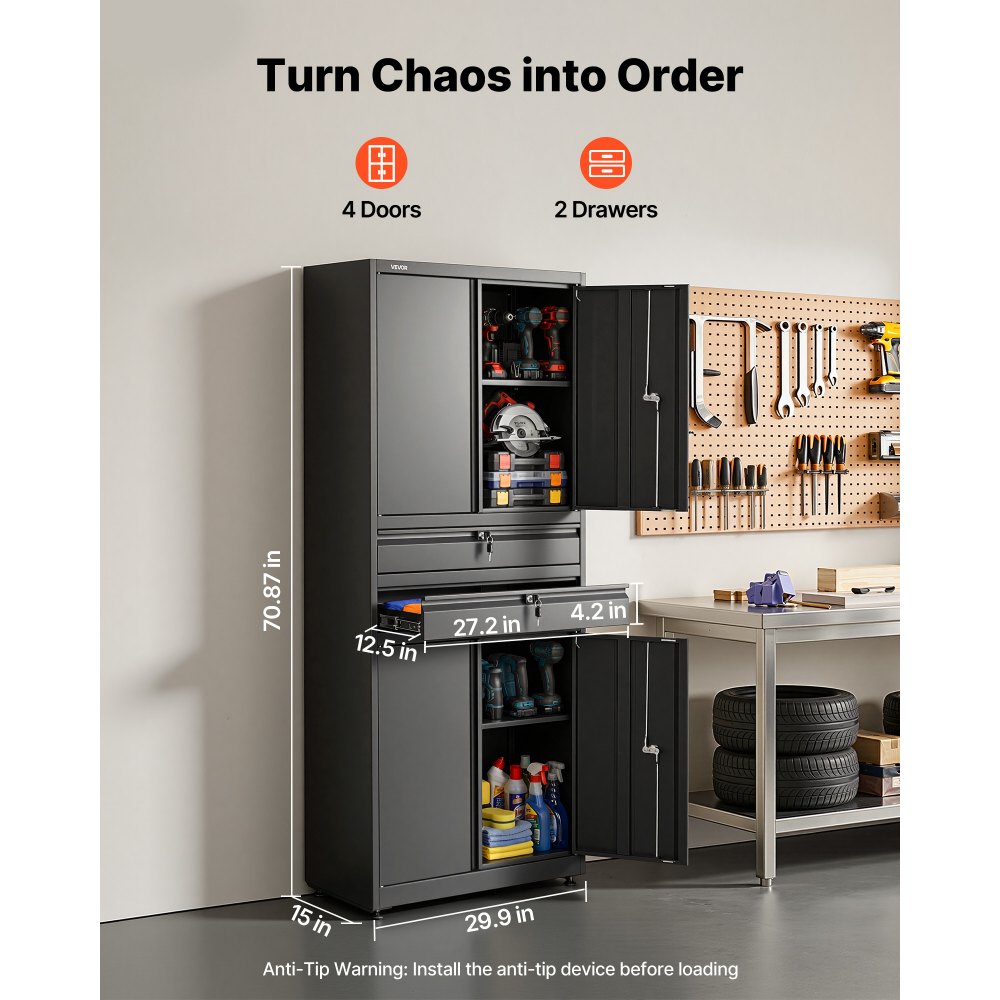 VEVOR Metalowa szafka do przechowywania, szafka garażowa z 4 drzwiami, 2 szufladami, 2 regulowanymi półkami, szafka o wysokości 1,8 m z półkami o nośności 81,5 kg, wielofunkcyjna szafka do garażu, biura, warsztatu, czarna