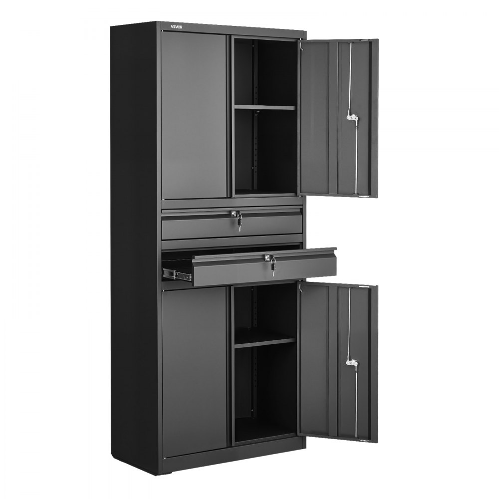VEVOR Metalowa szafka do przechowywania, szafka garażowa z 4 drzwiami, 2 szufladami, 2 regulowanymi półkami, szafka o wysokości 1,8 m z półkami o nośności 81,5 kg, wielofunkcyjna szafka do garażu, biura, warsztatu, czarna