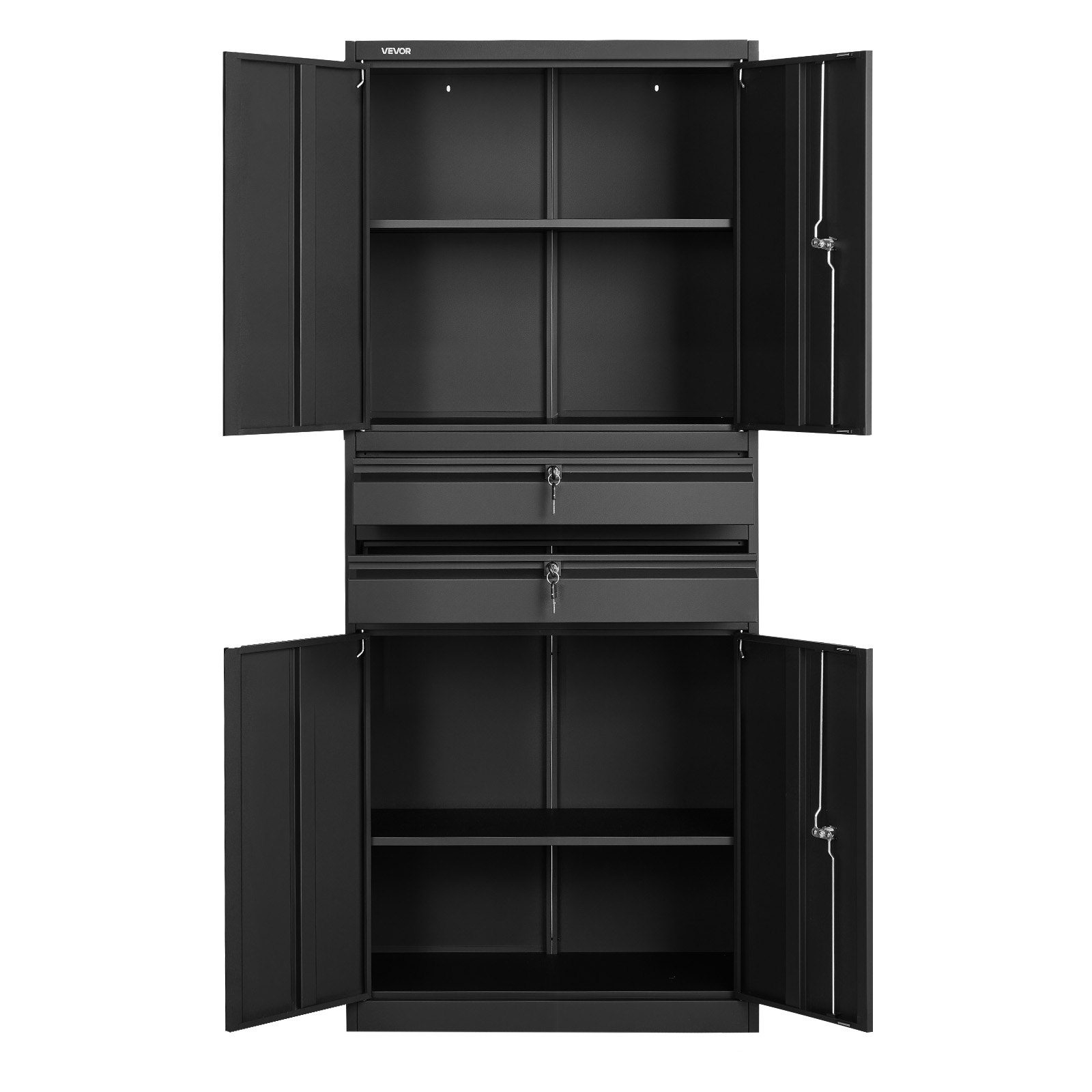 VEVOR Metalowa szafka do przechowywania, szafka garażowa z 4 drzwiami, 2 szufladami, 2 regulowanymi półkami, szafka o wysokości 1,8 m z półkami o nośności 81,5 kg, wielofunkcyjna szafka do garażu, biura, warsztatu, czarna