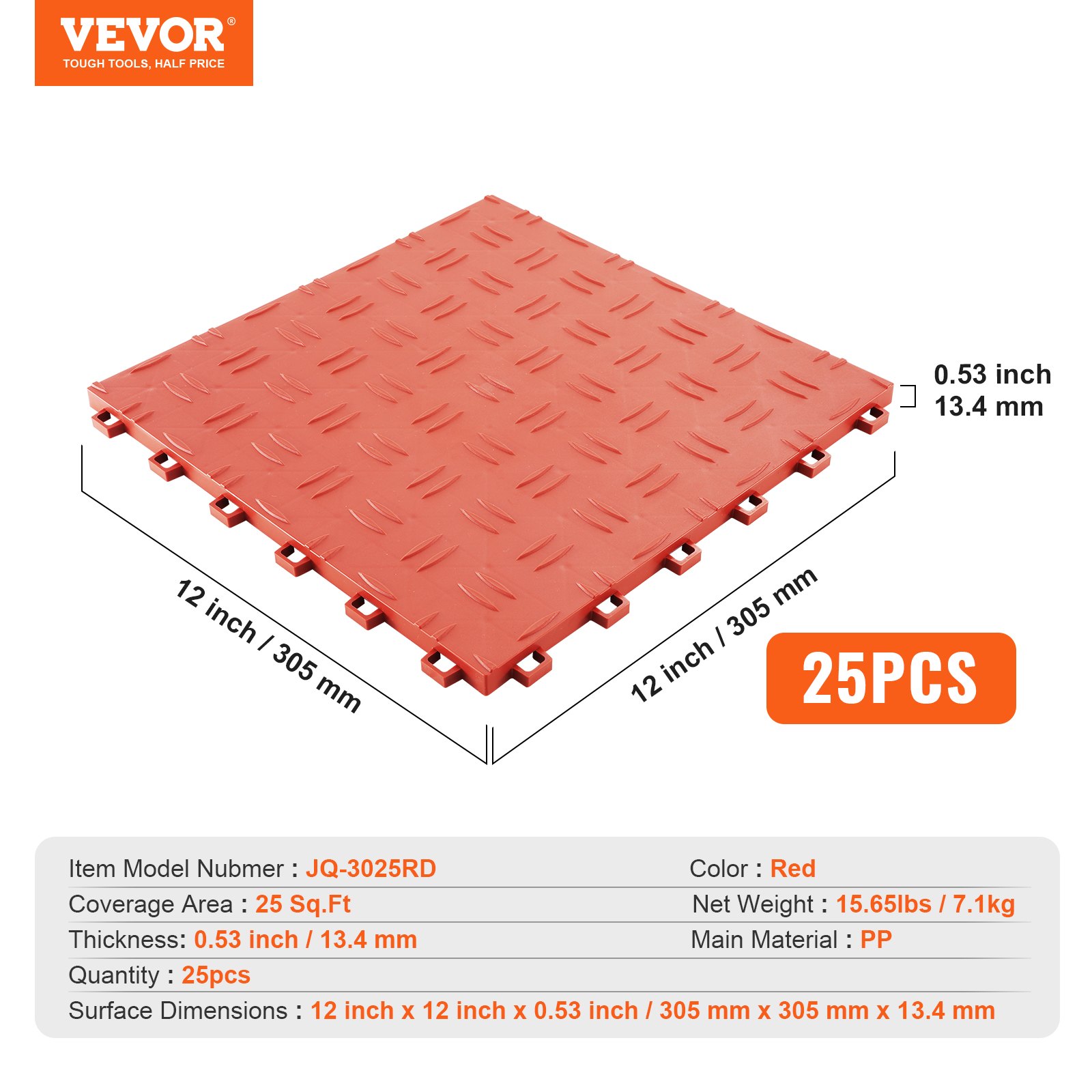 VEVOR Garage Floor Fittings, 305 x 305 x 13.4 mm, 25-piece set, industrial flooring, non-slip double-sided textured garage flooring, for garages, basements, repair shops, red